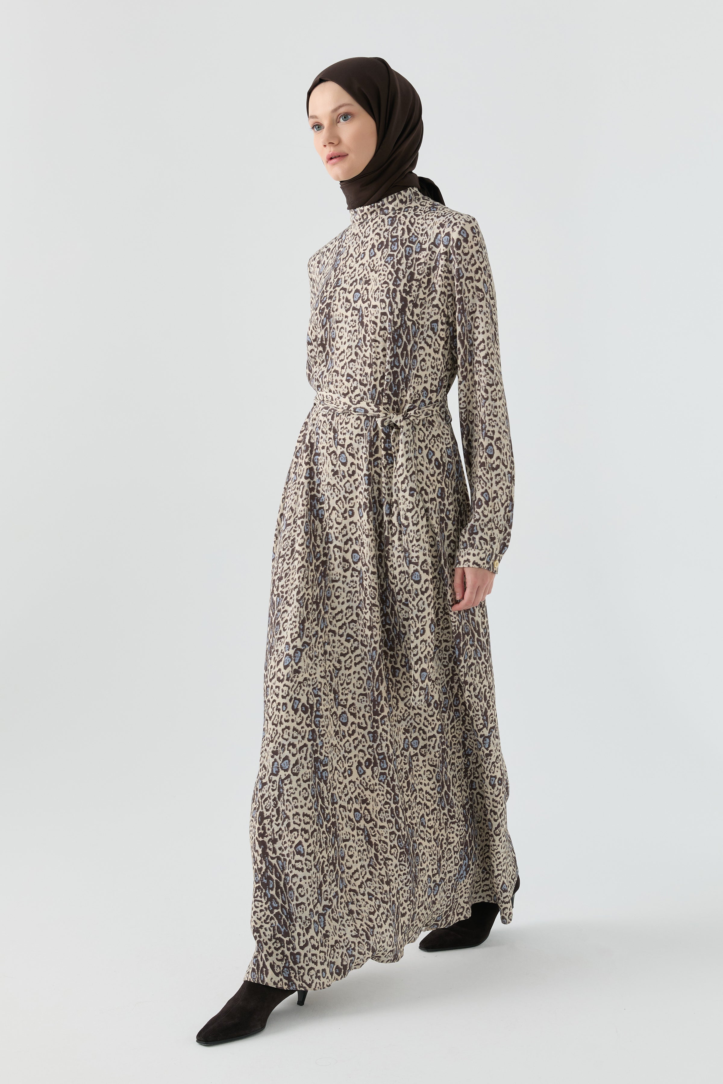 Şal Desenli Elbise - Kahve TUGBA