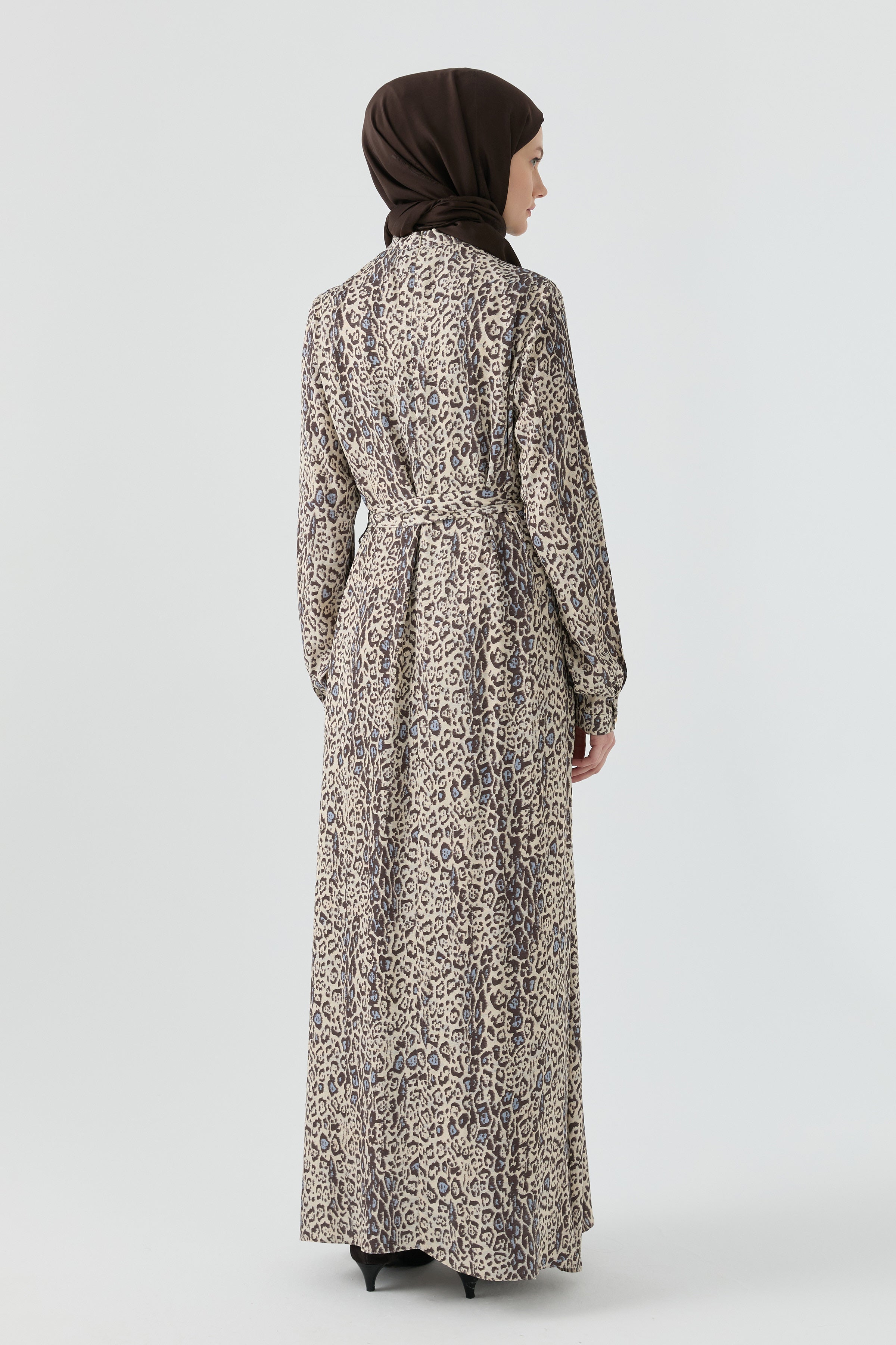 Şal Desenli Elbise - Kahve TUGBA