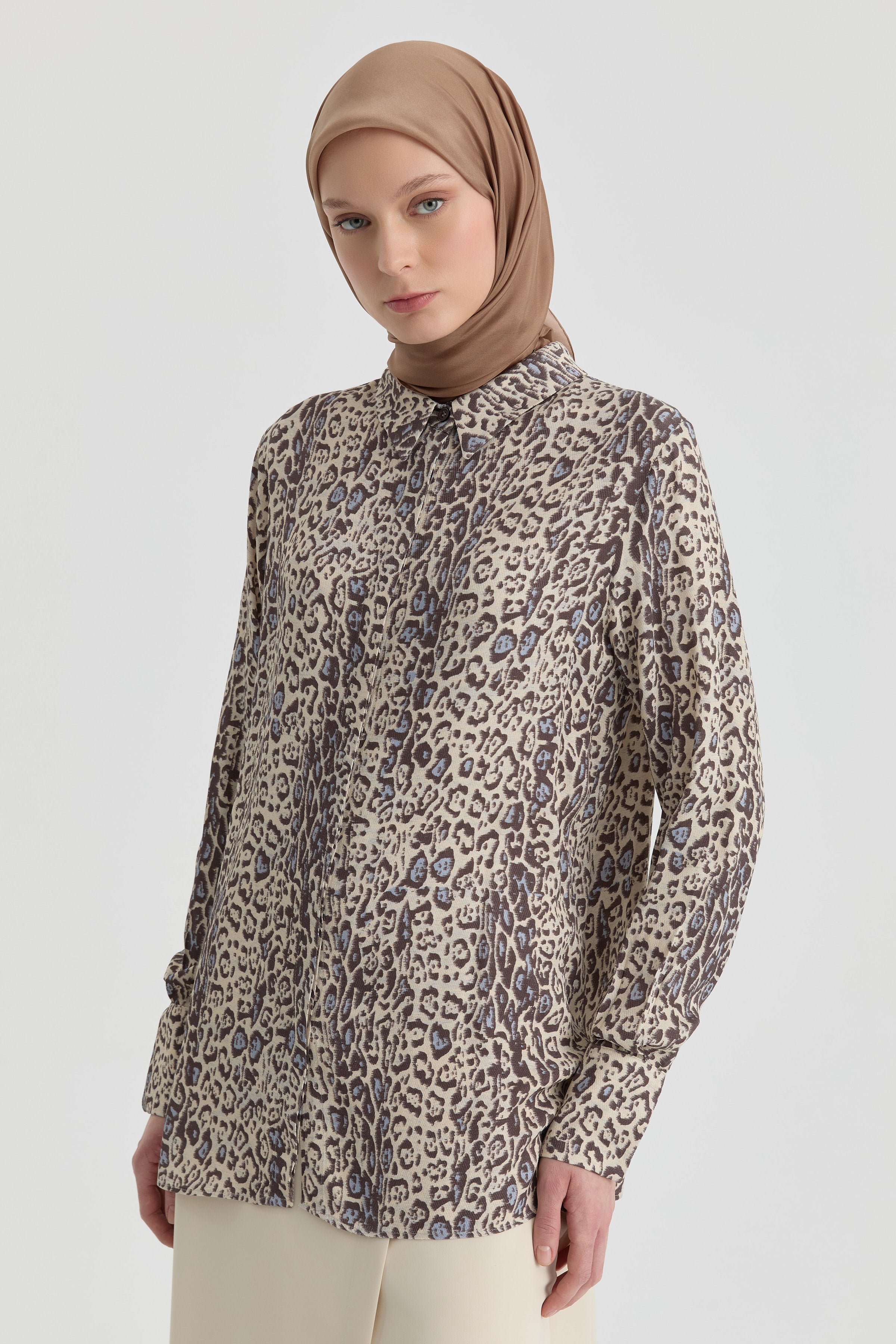 Leopar Desenli Gömlek - Kahve TUGBA