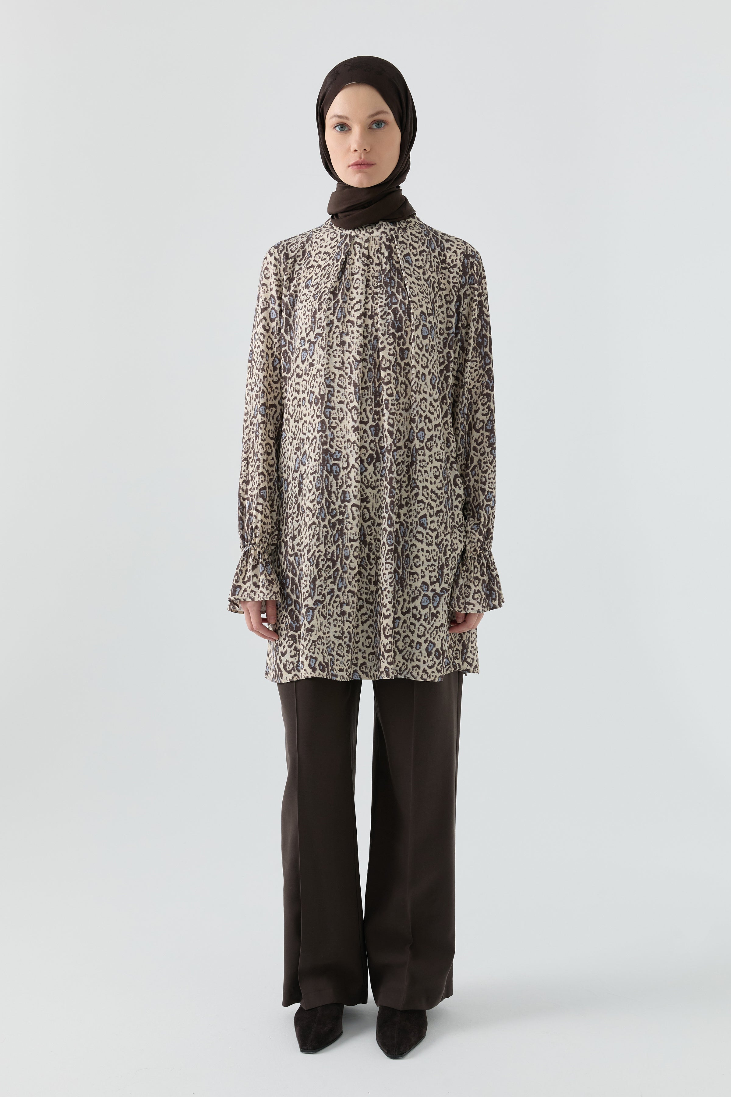 Kolları Lastik Detaylı Tunik - Kahve TUGBA