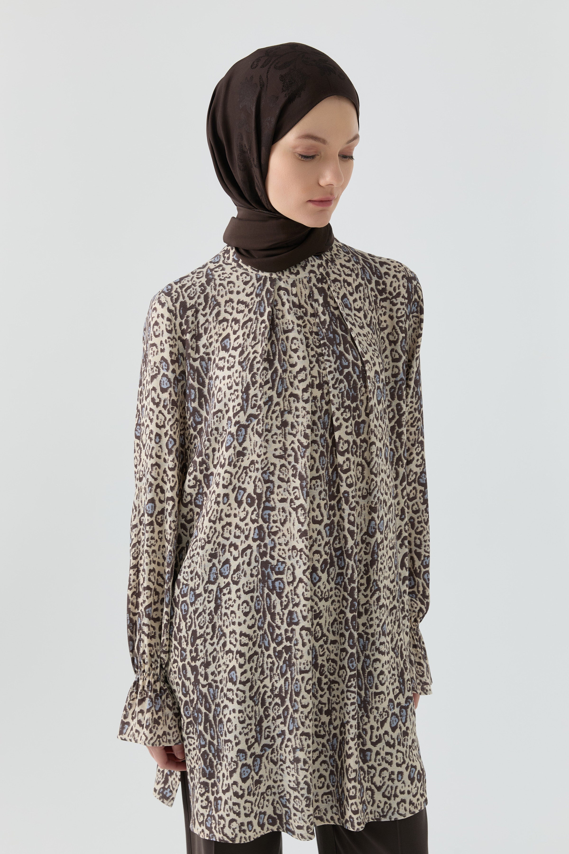 Kolları Lastik Detaylı Tunik - Kahve TUGBA