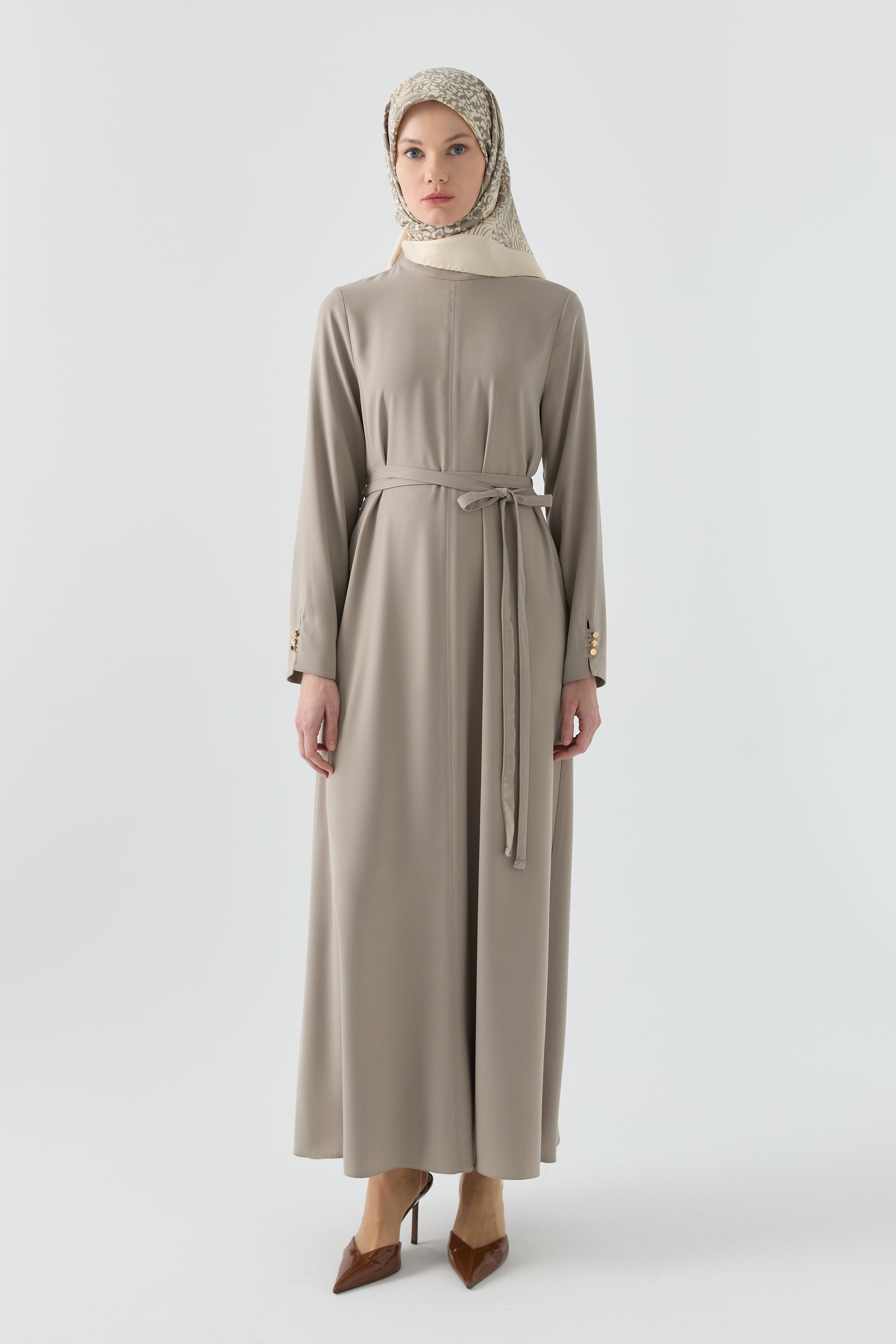 Kolları Düğme Detaylı Elbise - Vizon TUGBA