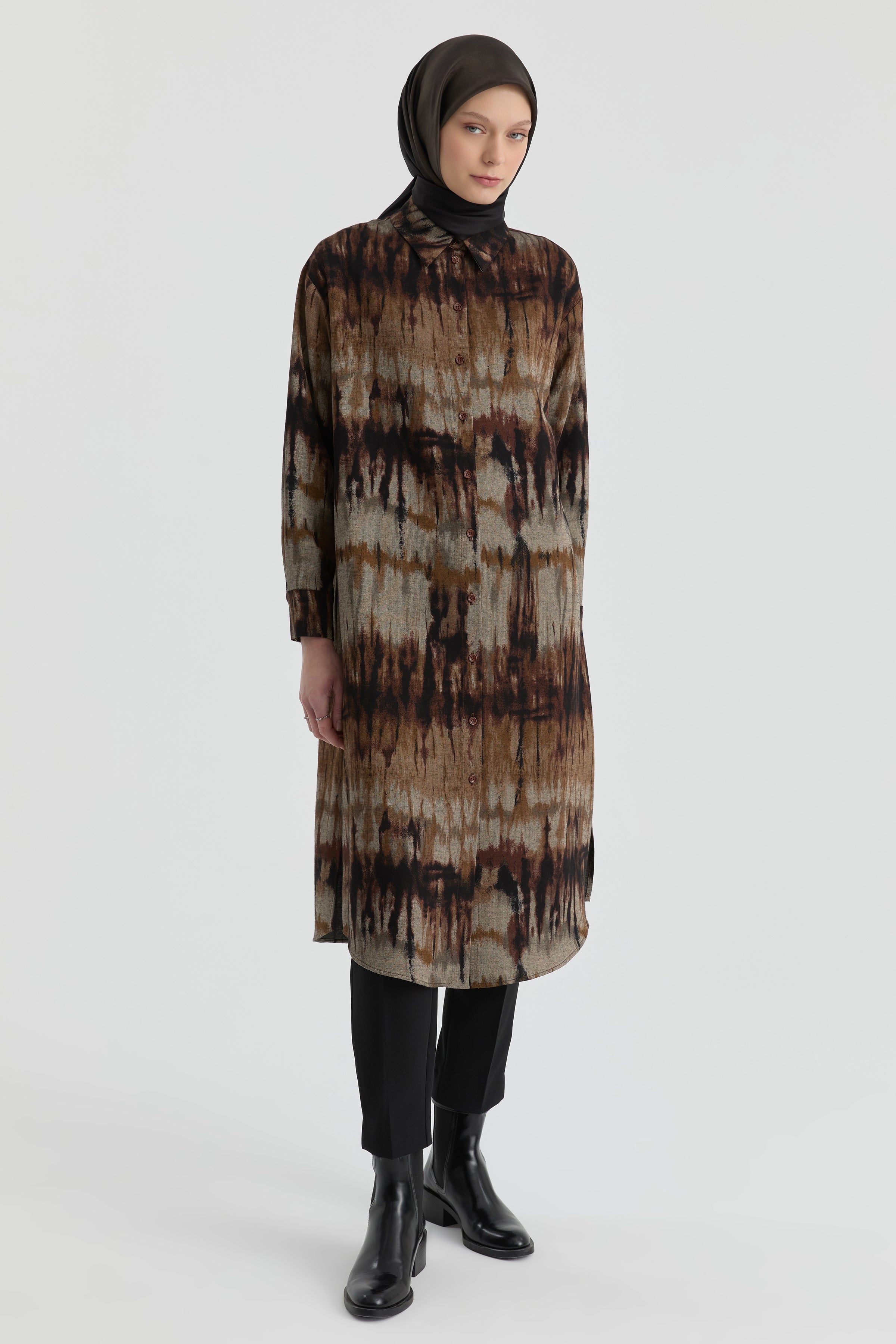 Gömlek Yaka Detaylı Tunik - Kahve TUGBA