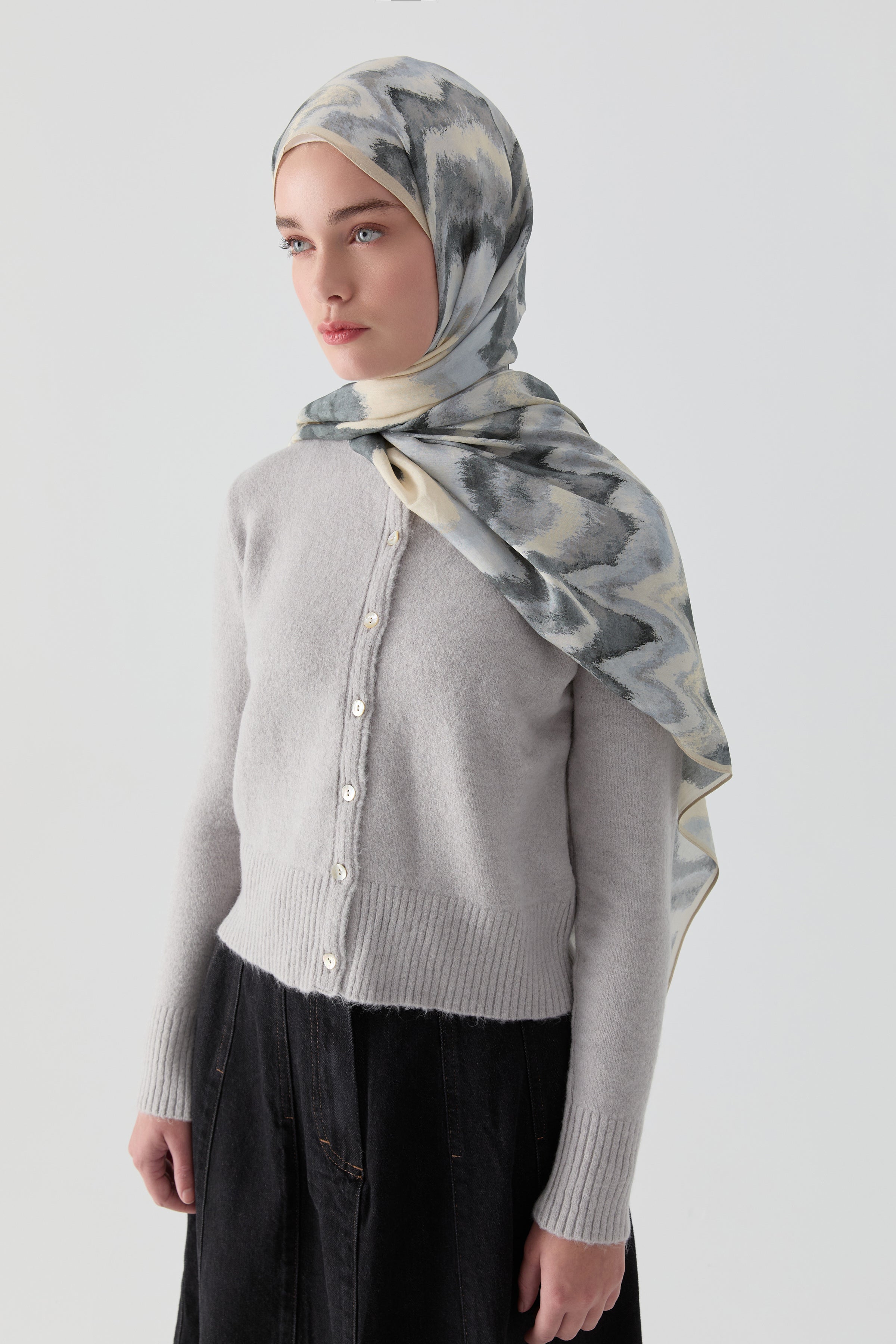 İkat Desenli Natural Şal - Açık Mavi TUGBA