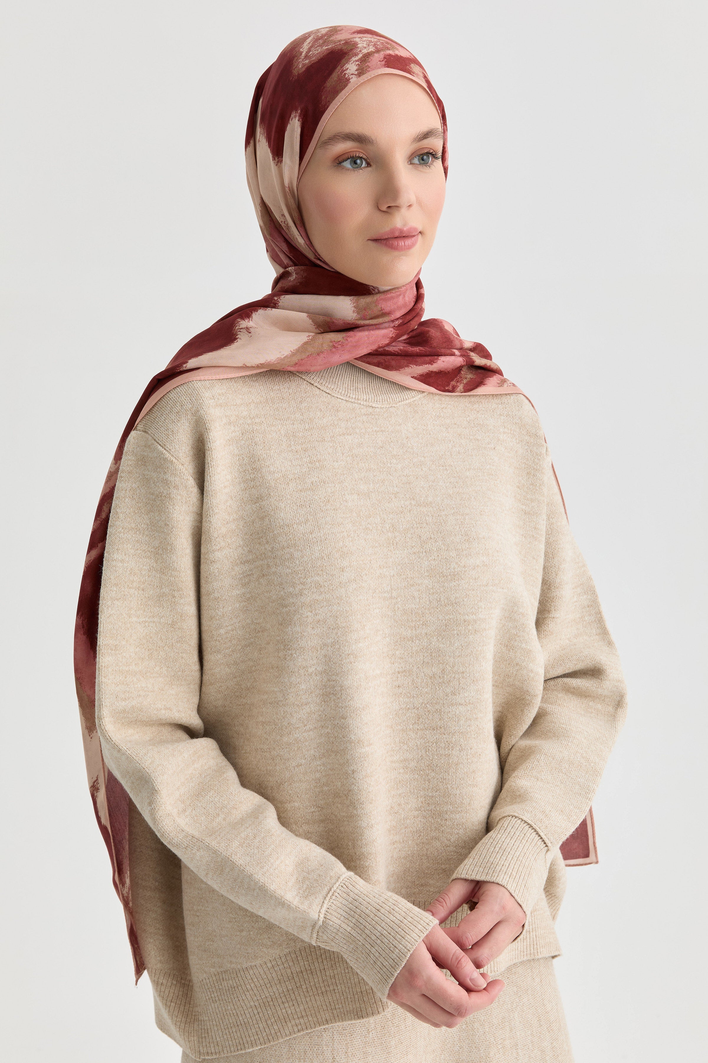 İkat Desenli Natural Şal - Bordo TUGBA