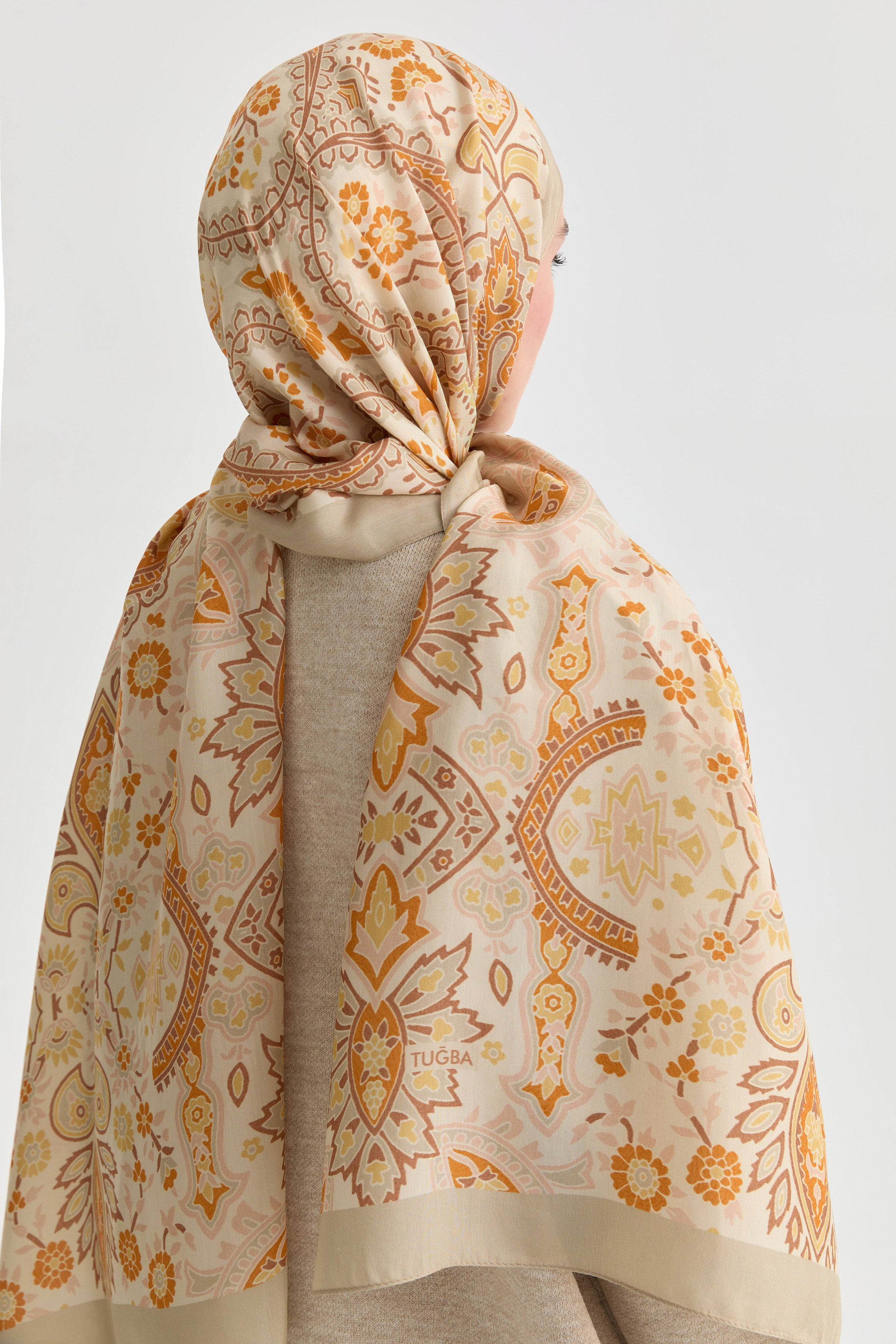 Paisley Desenli Natural Şal - Turuncu TUGBA