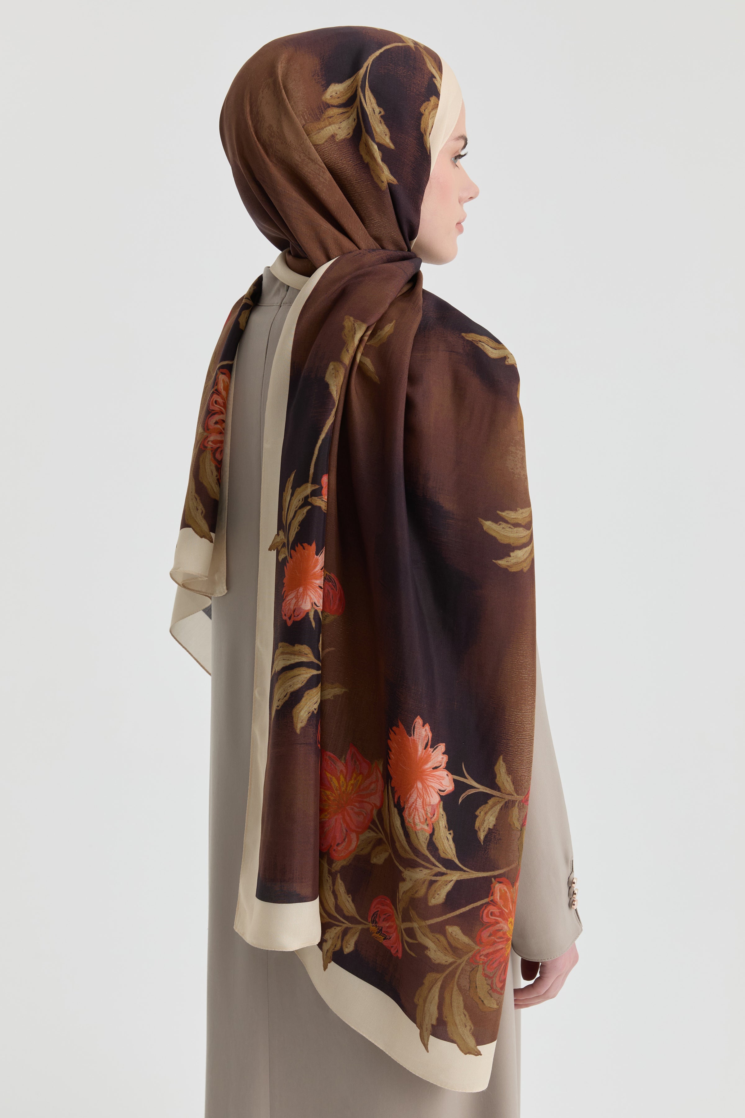 Funda Çiçek Desenli Natural Şal - Kahve TUGBA