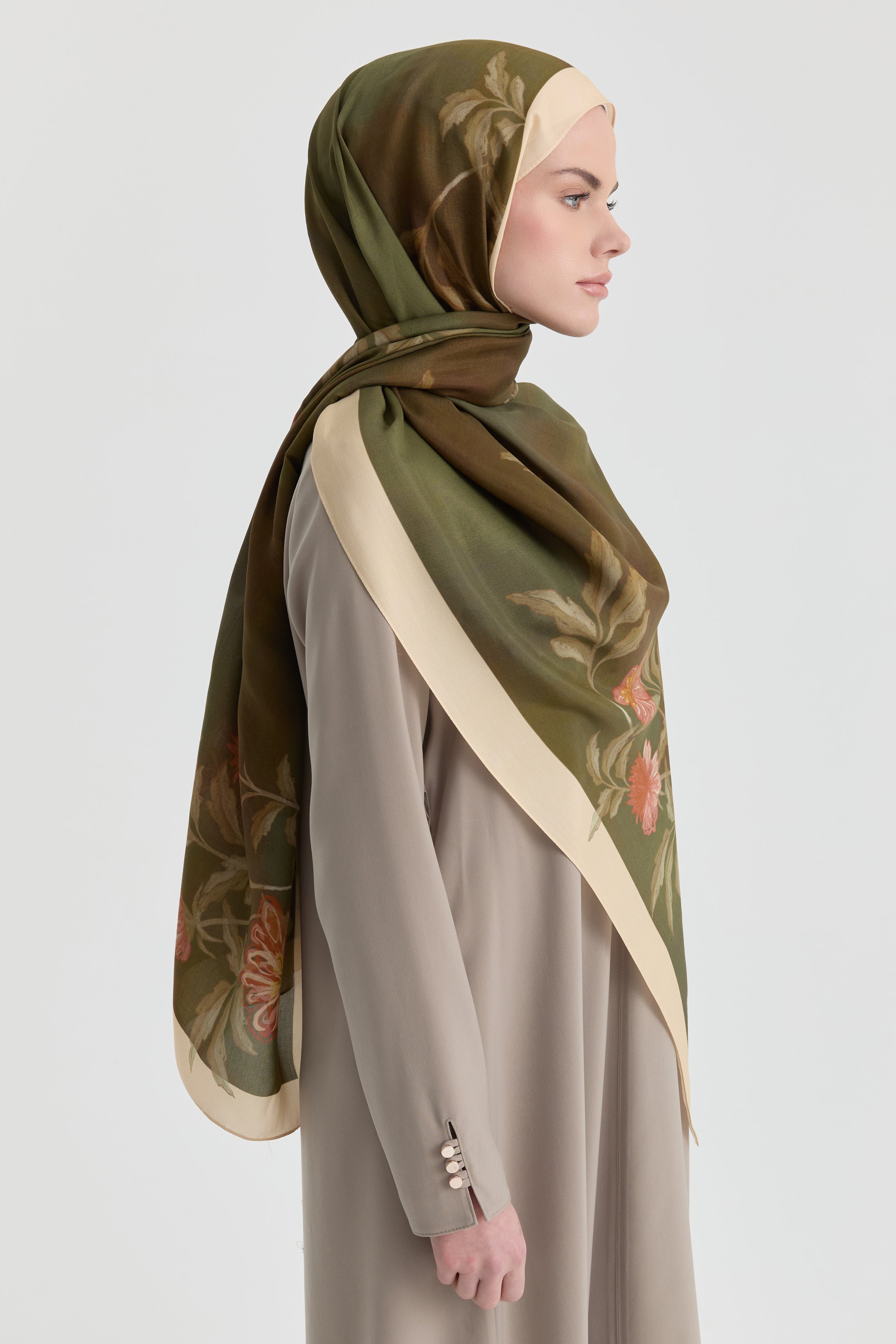 Funda Çiçek Desenli Natural Şal - Haki TUGBA