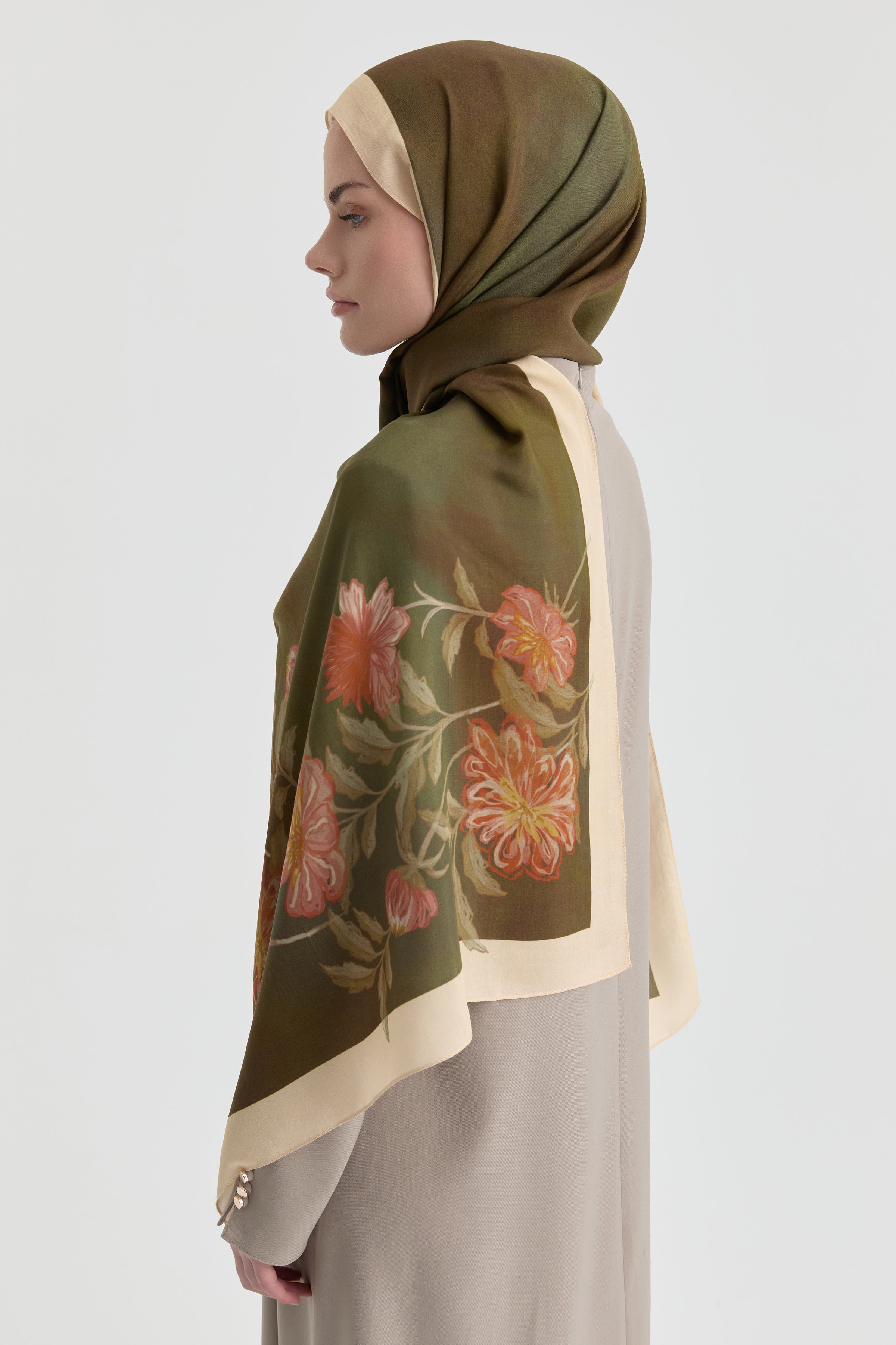 Funda Çiçek Desenli Natural Şal - Haki TUGBA