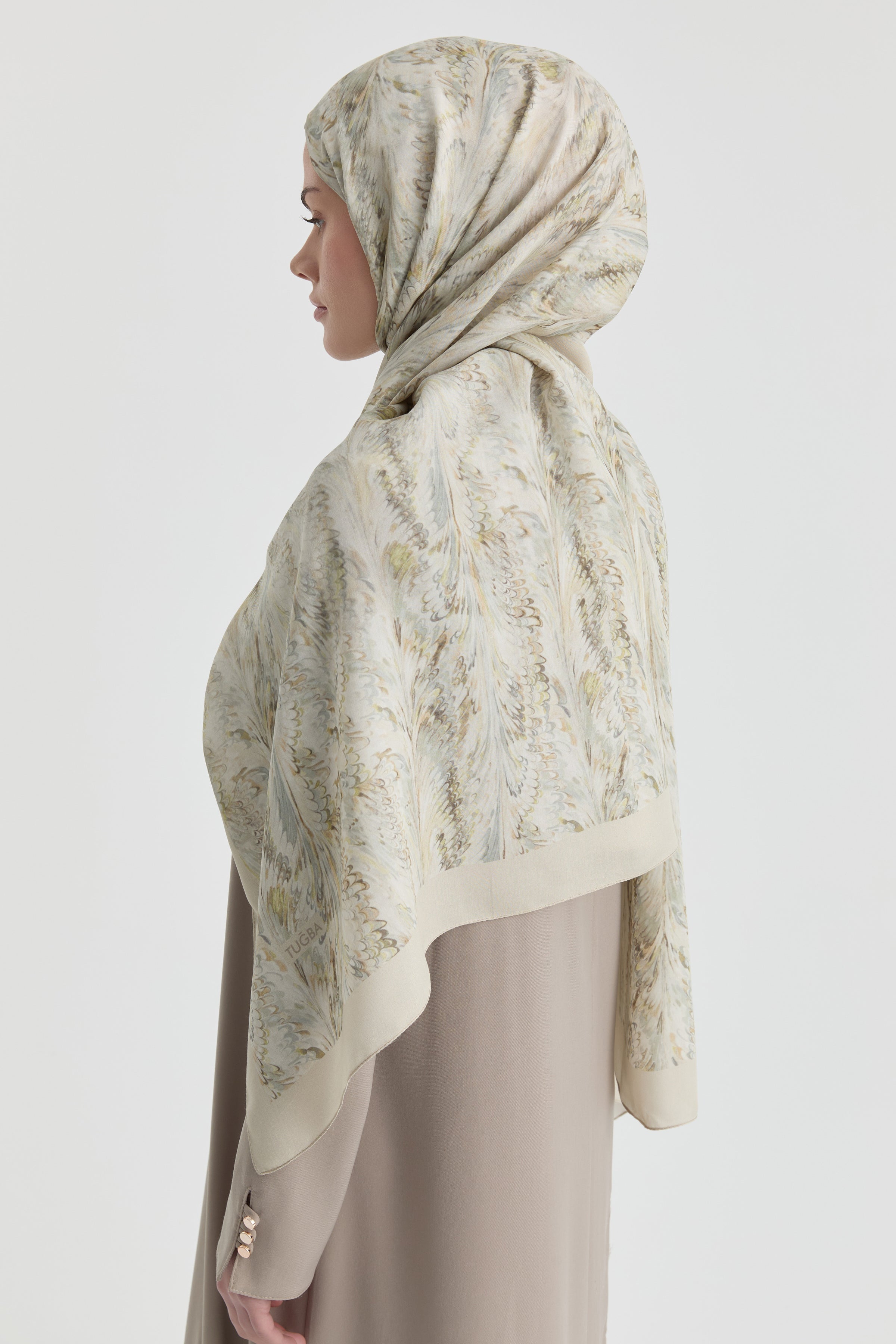Ebru Desenli Natural Şal - Açık Yeşil TUGBA