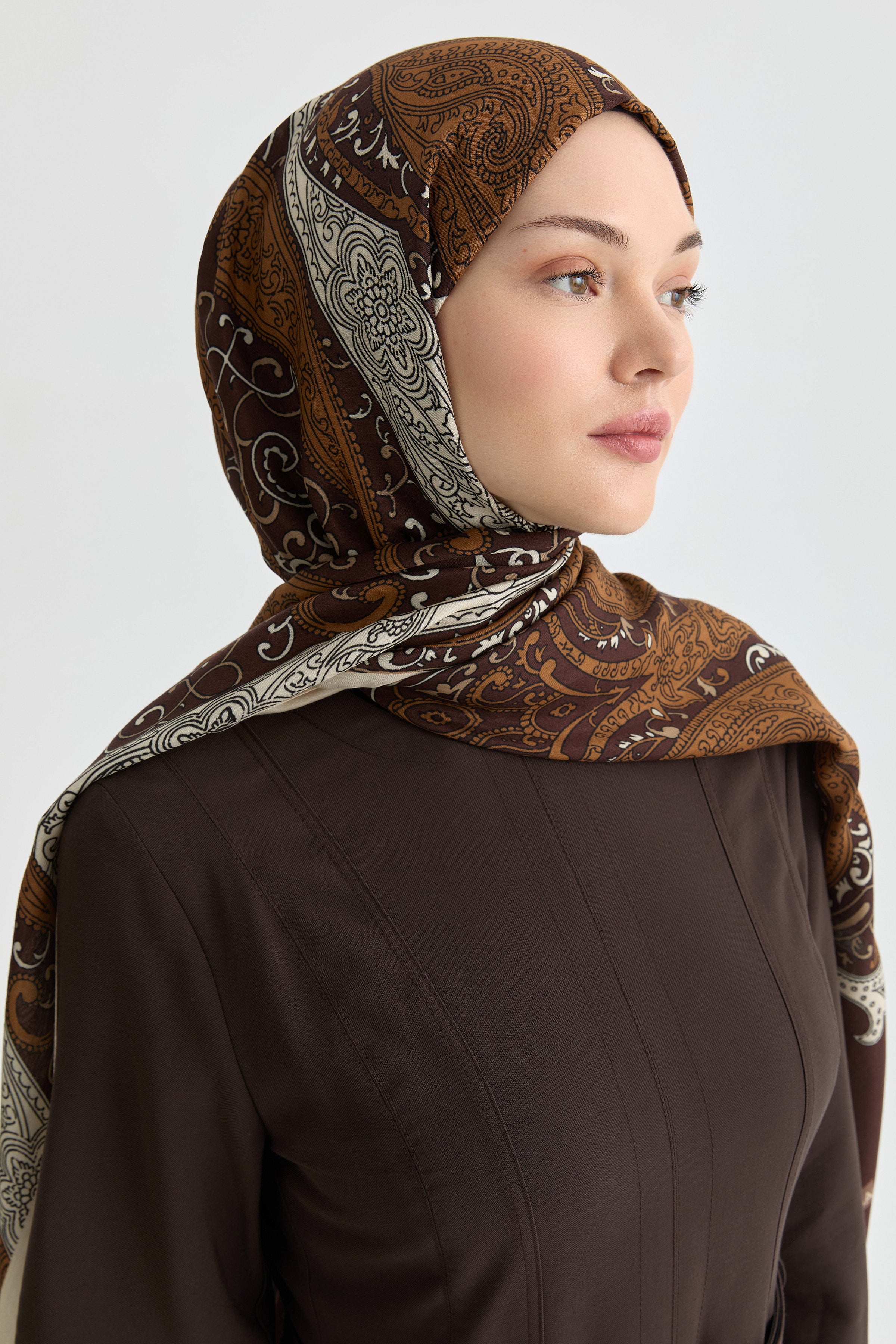 Etnik Şal Desenli Natural Şal - Acı Kahve TUGBA