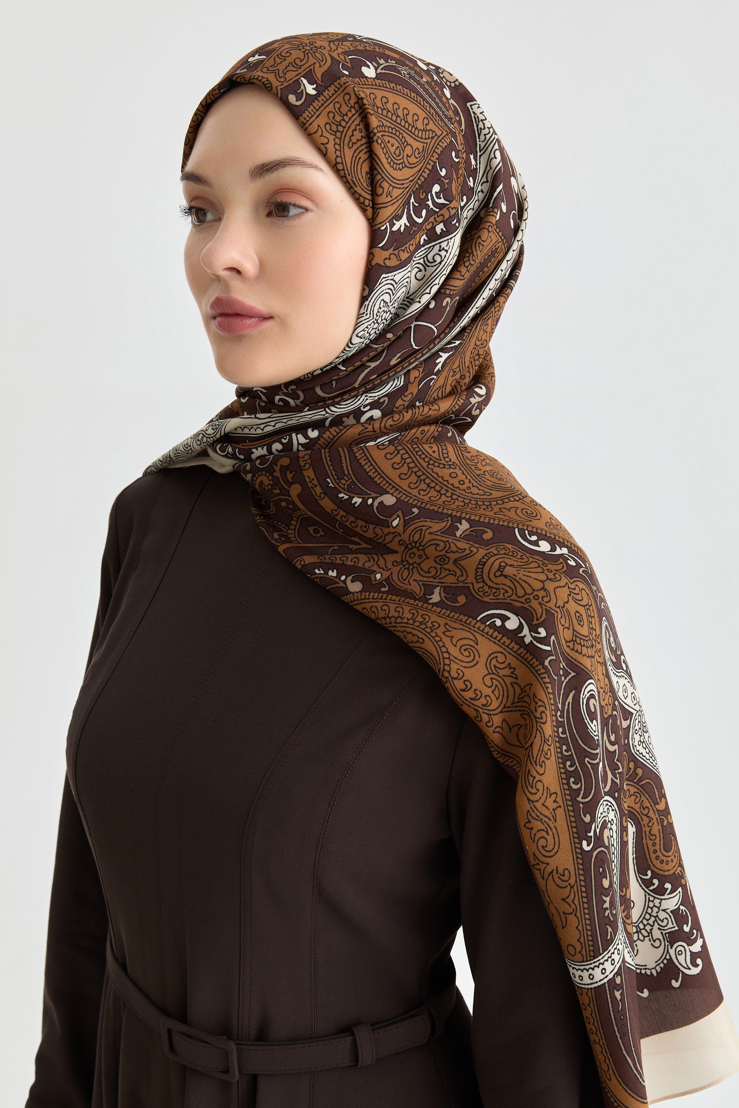 Etnik Şal Desenli Natural Şal - Acı Kahve TUGBA