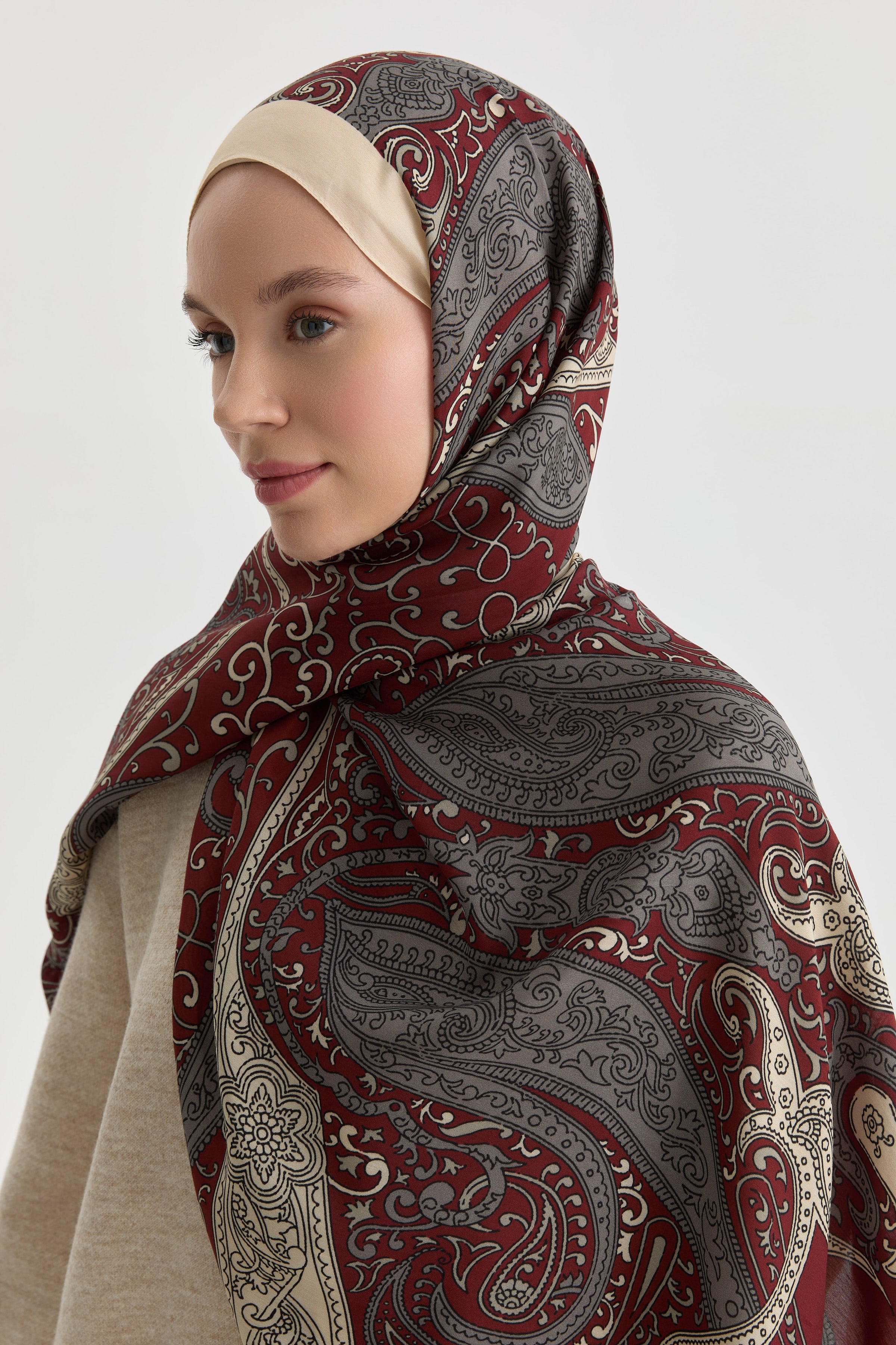 Etnik Şal Desenli Natural Şal - Bordo TUGBA