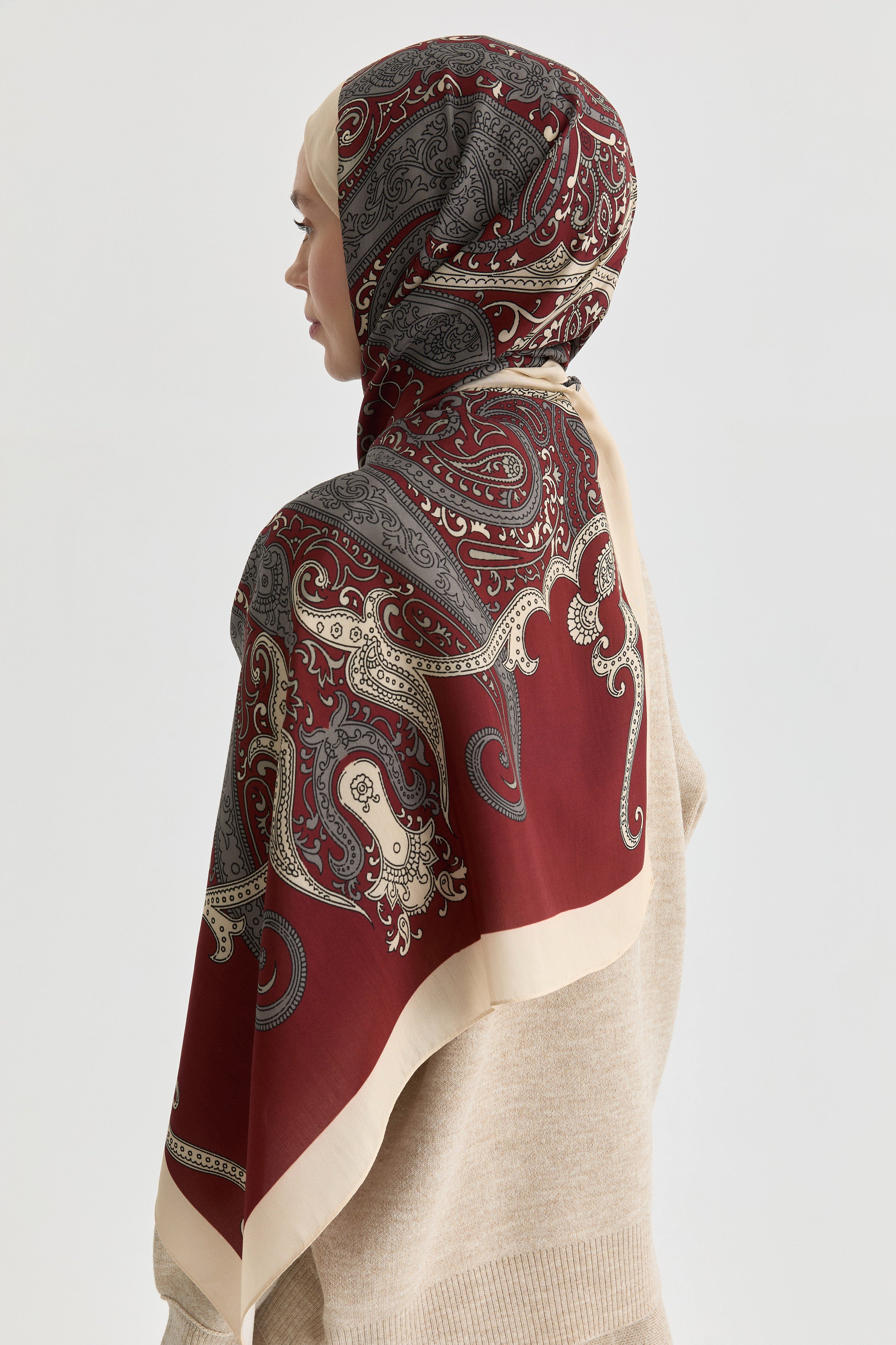 Etnik Şal Desenli Natural Şal - Bordo TUGBA