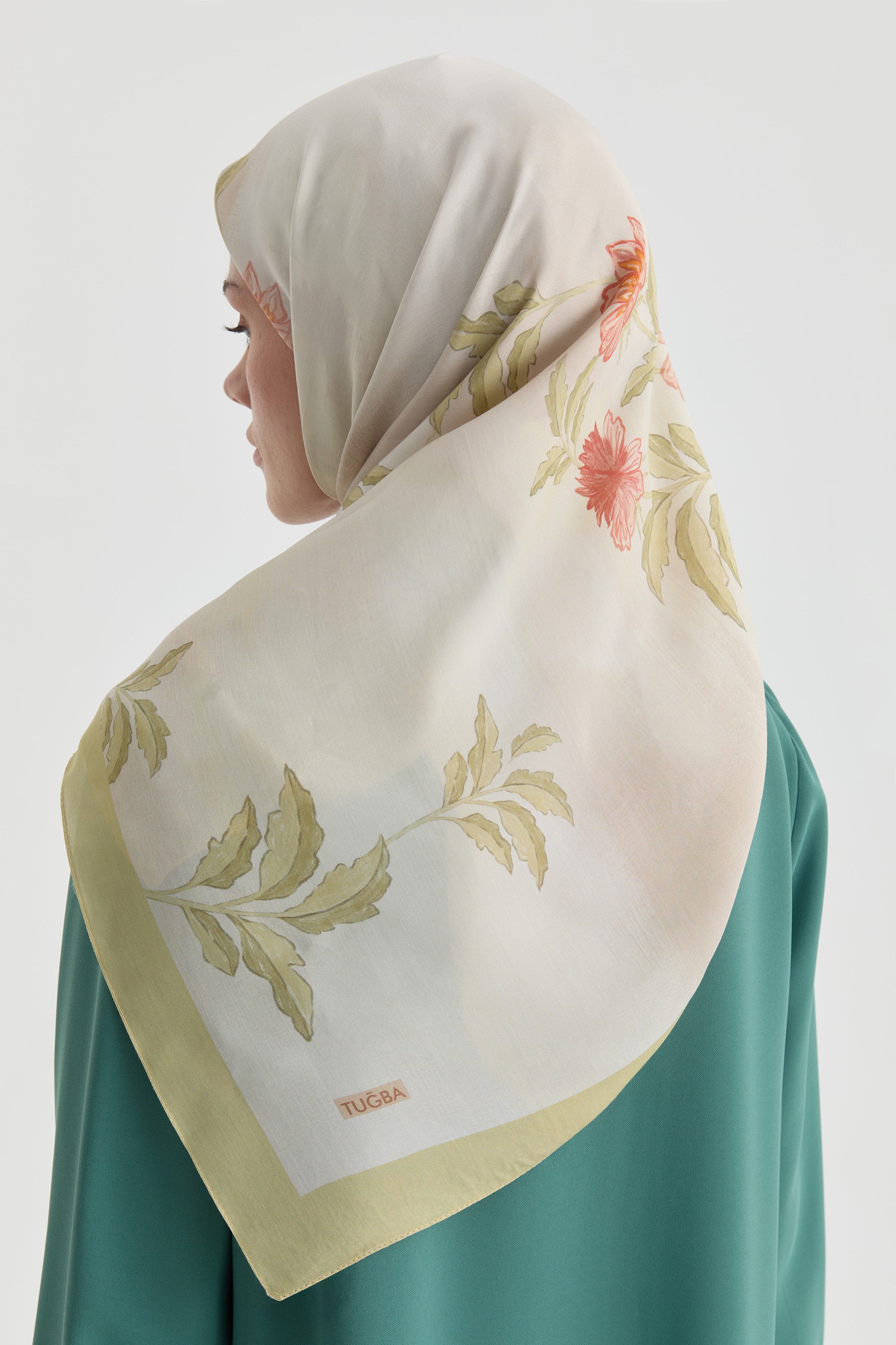 Funda Çiçek Desenli Natural Eşarp - Açık Yeşil TUGBA