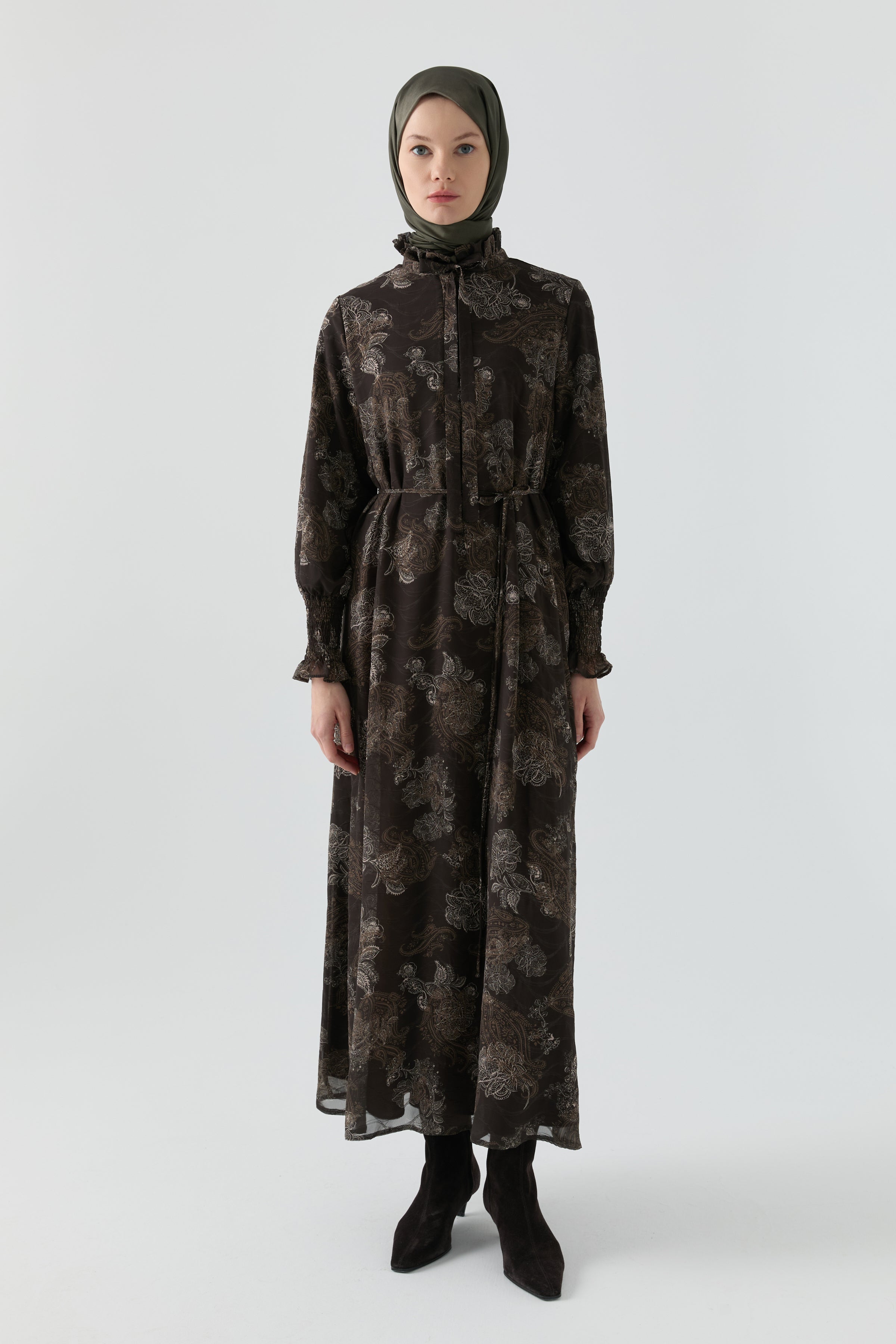 Çiçek Desenli Elbise - Kahve TUGBA