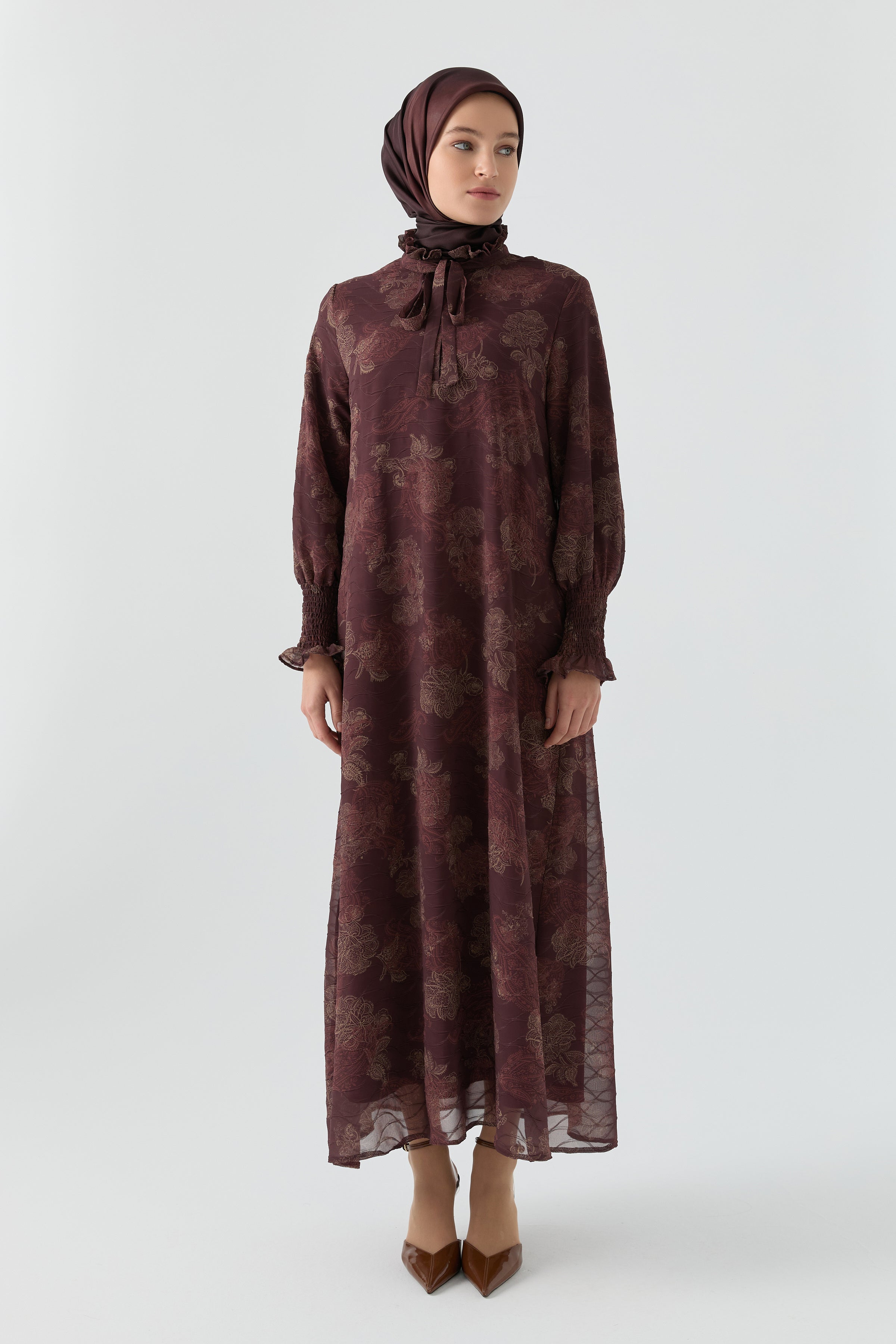 Çiçek Desenli Elbise - Mürdüm TUGBA