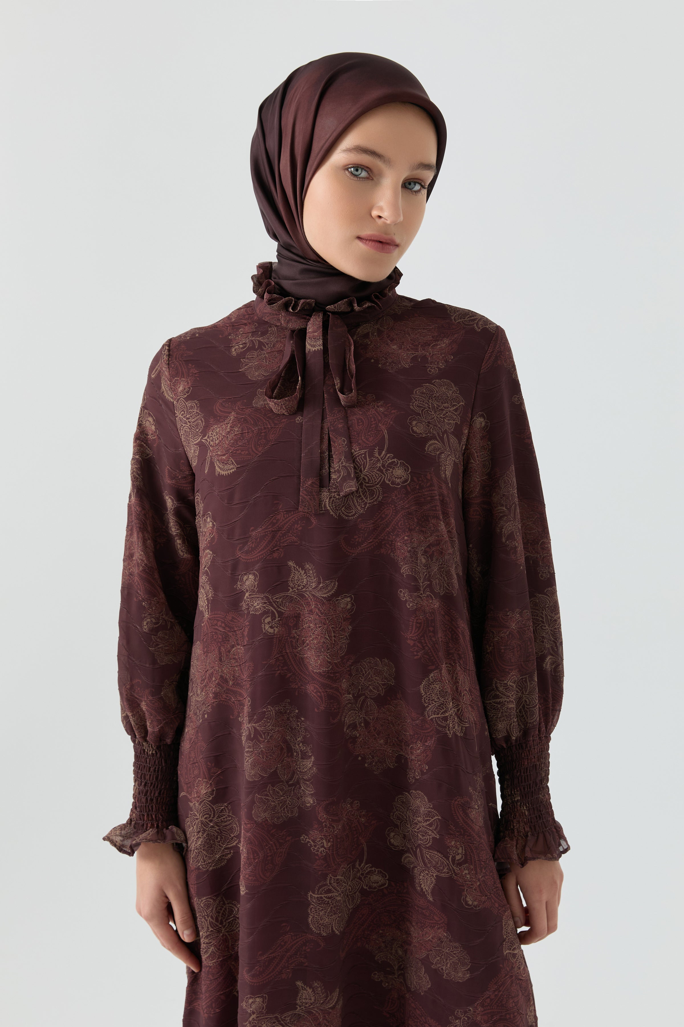 Çiçek Desenli Elbise - Mürdüm TUGBA