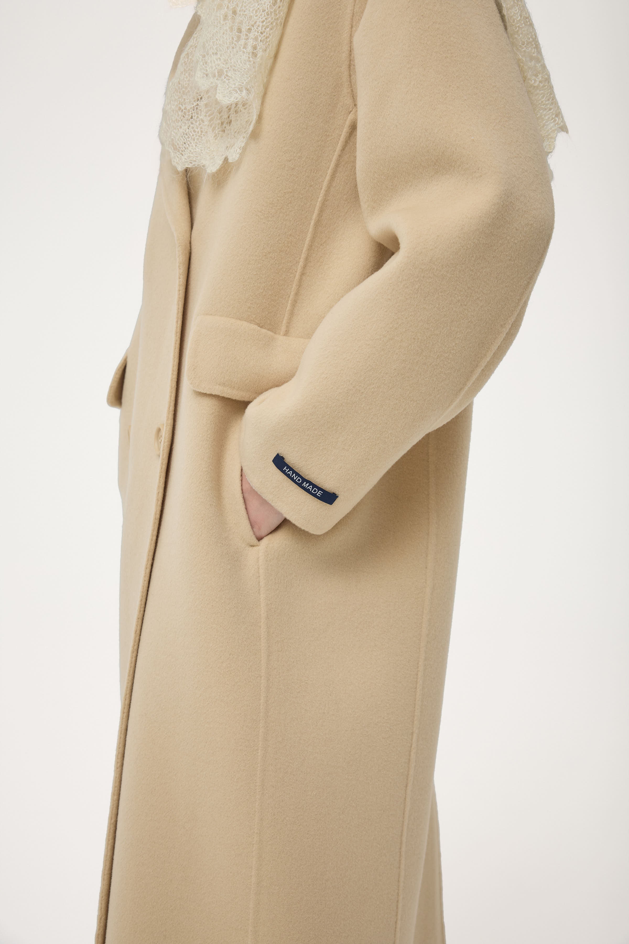 El Yapımı %100 Yün Kruvaze Kaban - Bej TUGBA