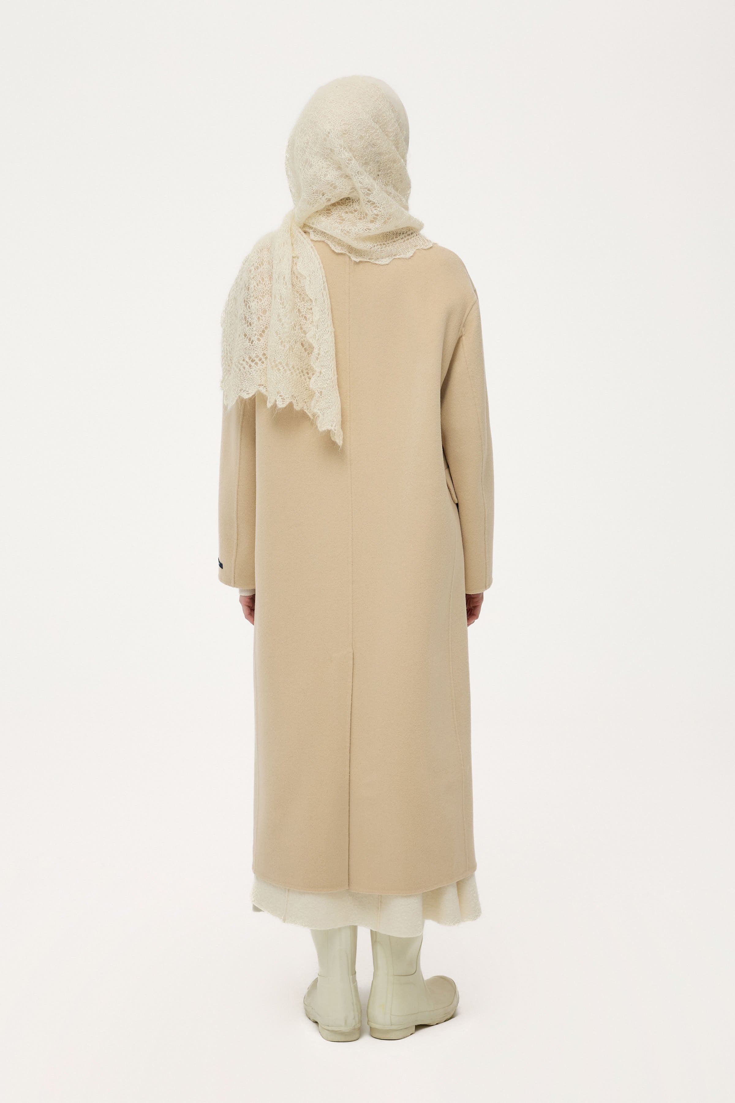 El Yapımı %100 Yün Kruvaze Kaban - Bej TUGBA