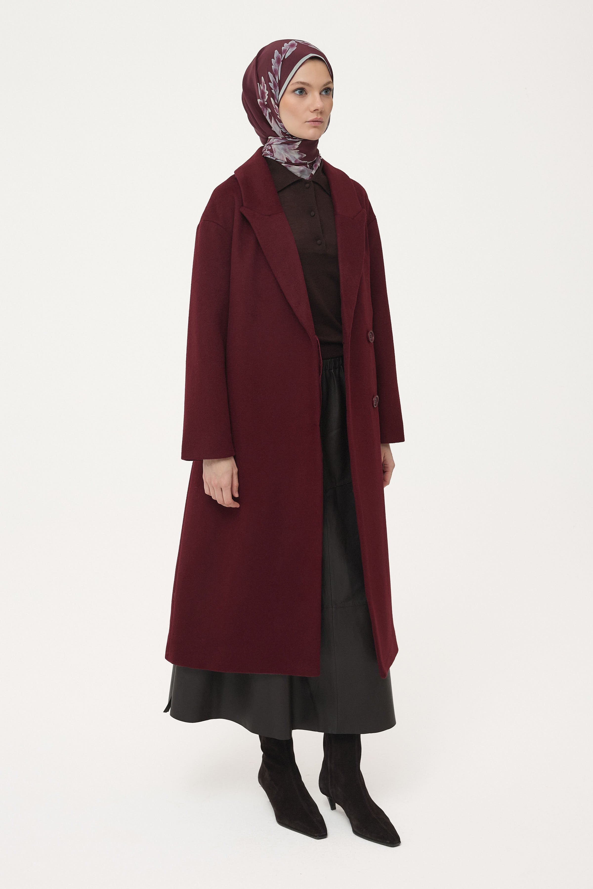 Yün Karışımlı Kuşaklı Kaban - Bordo TUGBA