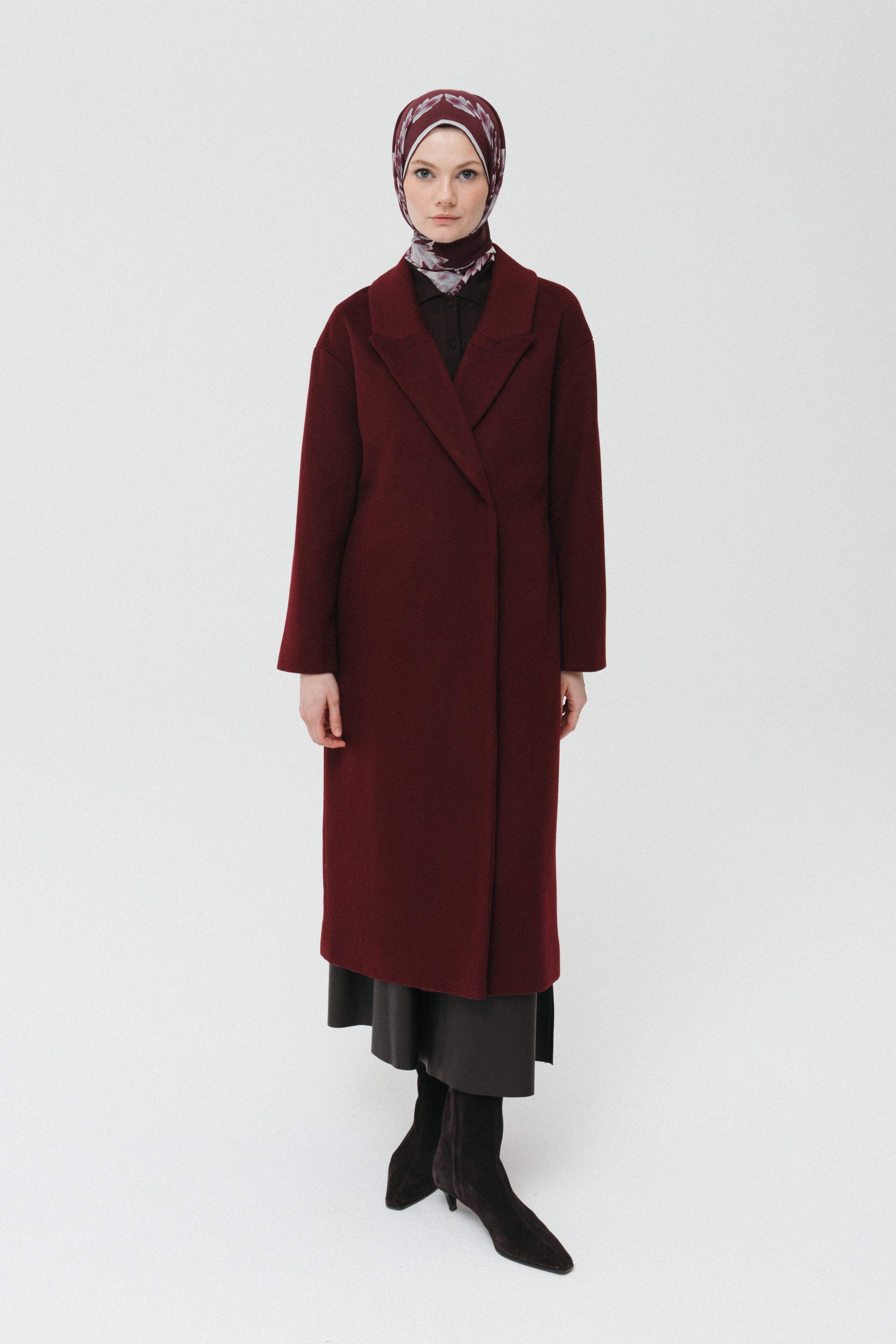 Yün Karışımlı Kuşaklı Kaban - Bordo TUGBA