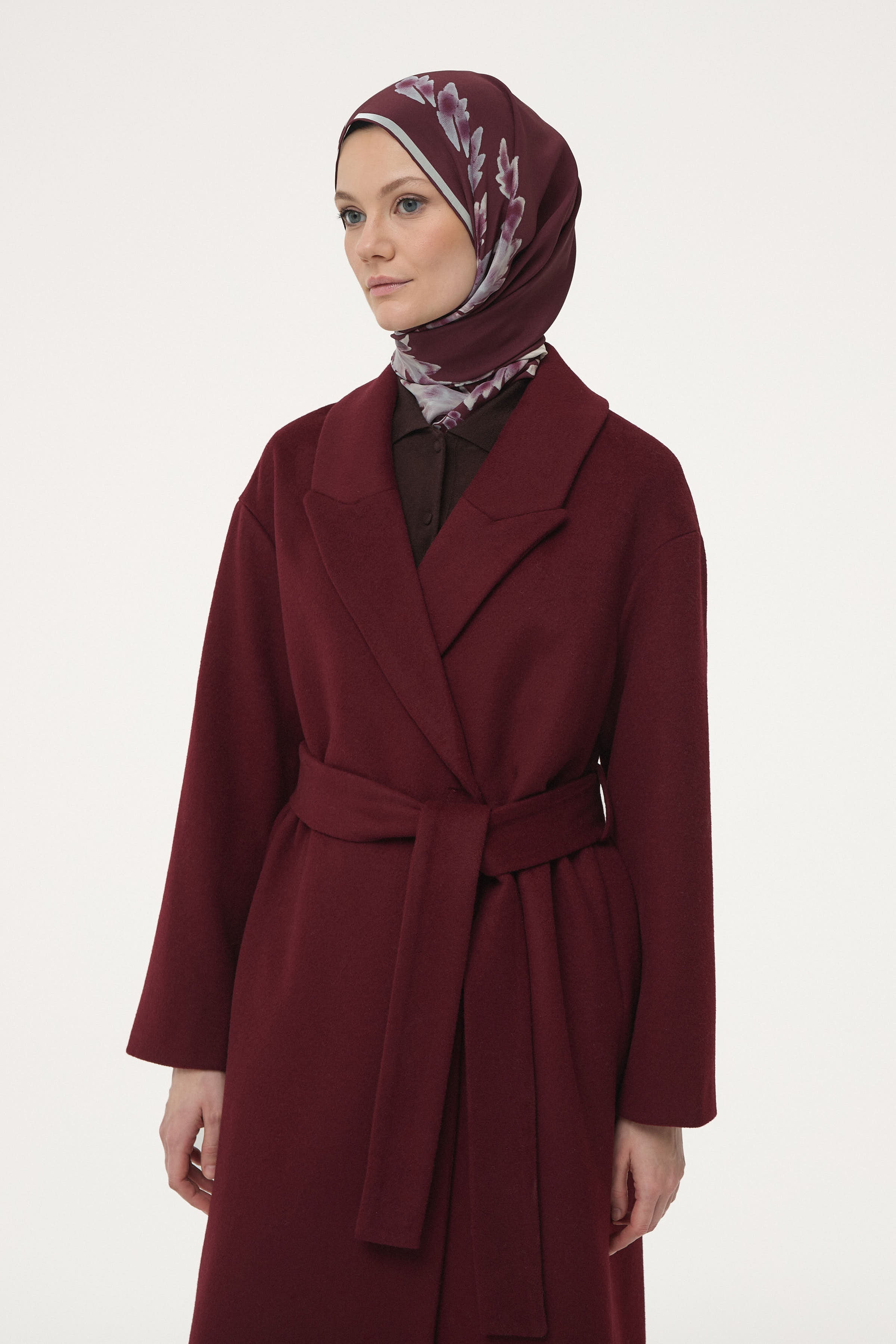 Yün Karışımlı Kuşaklı Kaban - Bordo TUGBA