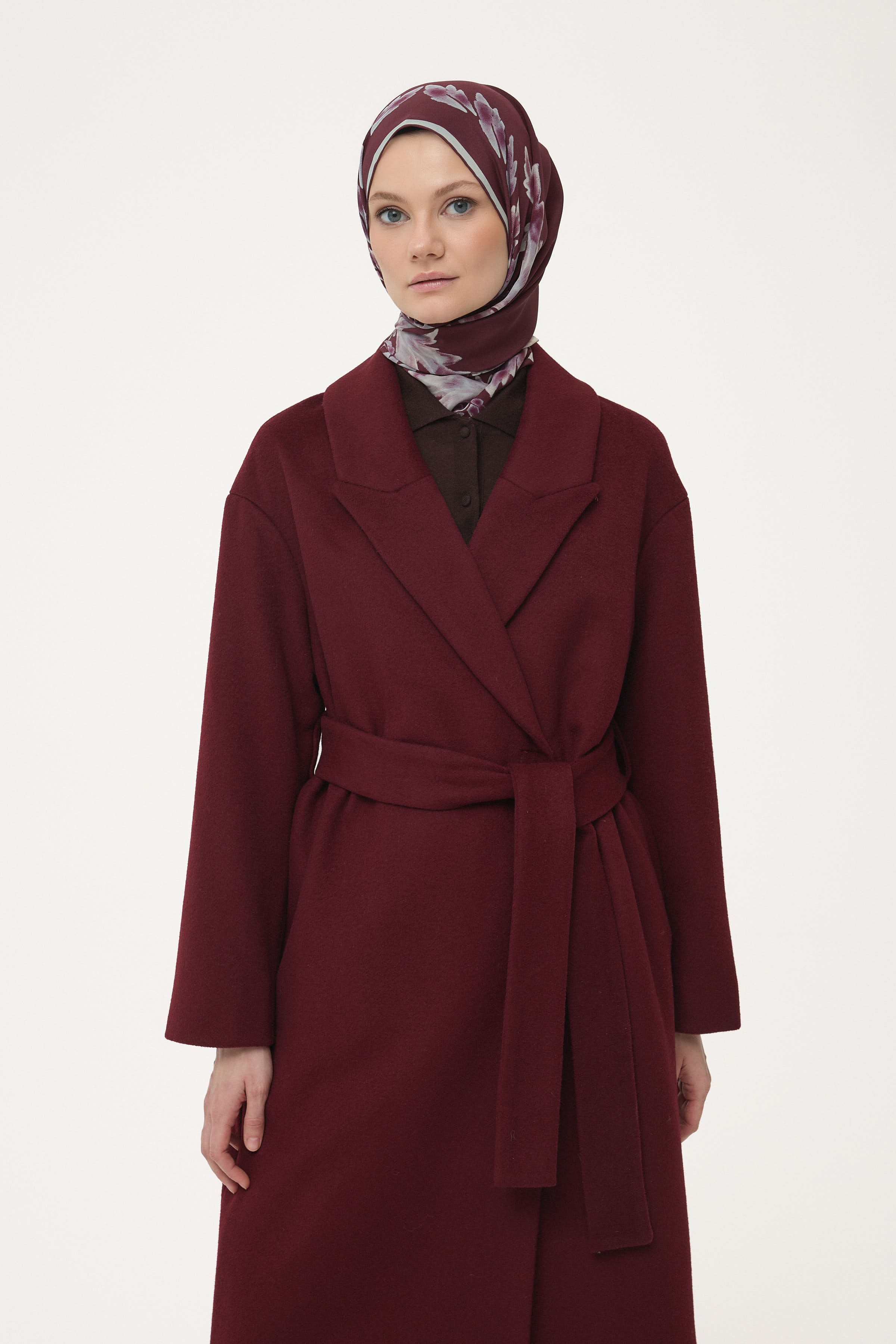 Yün Karışımlı Kuşaklı Kaban - Bordo TUGBA