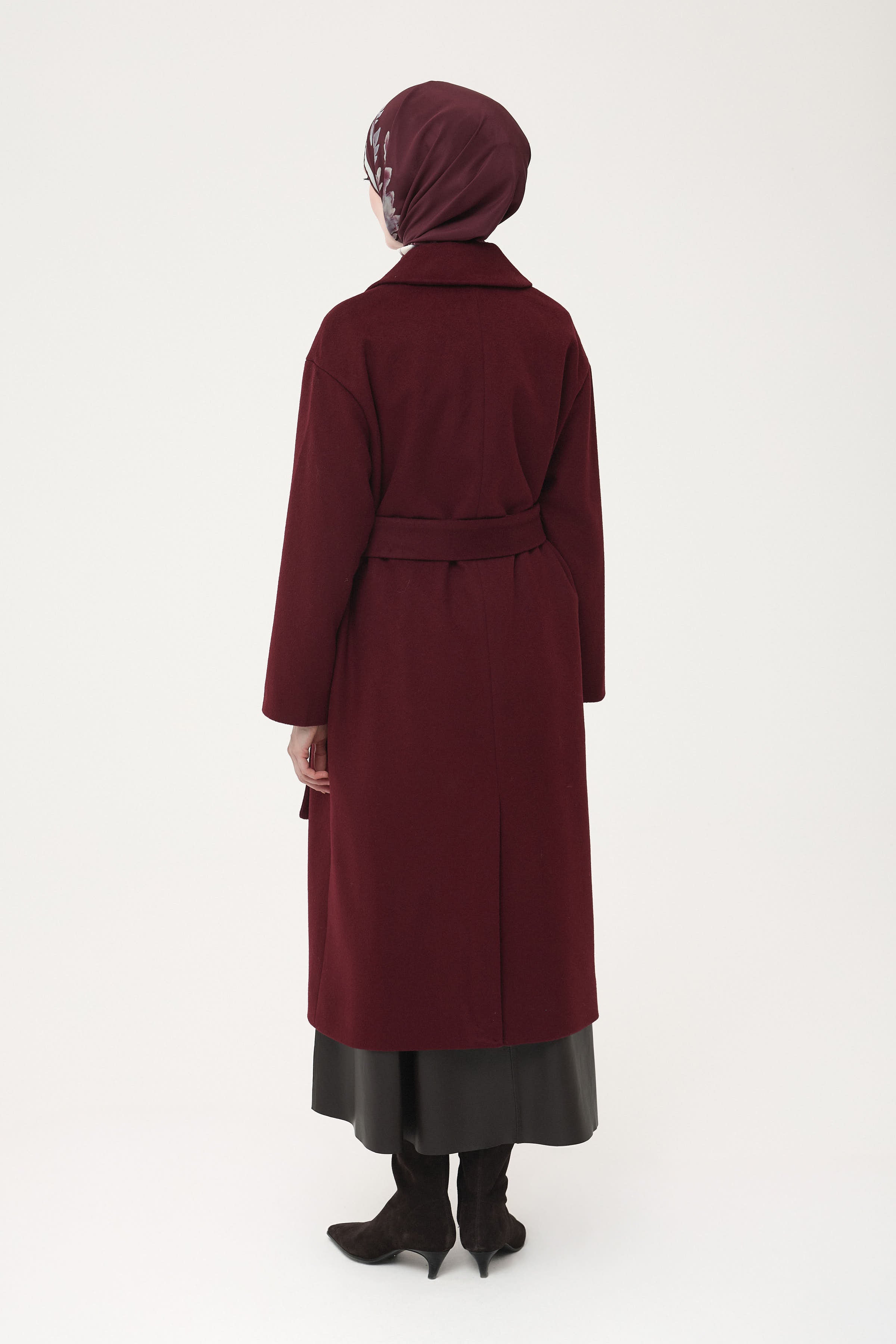 Yün Karışımlı Kuşaklı Kaban - Bordo TUGBA