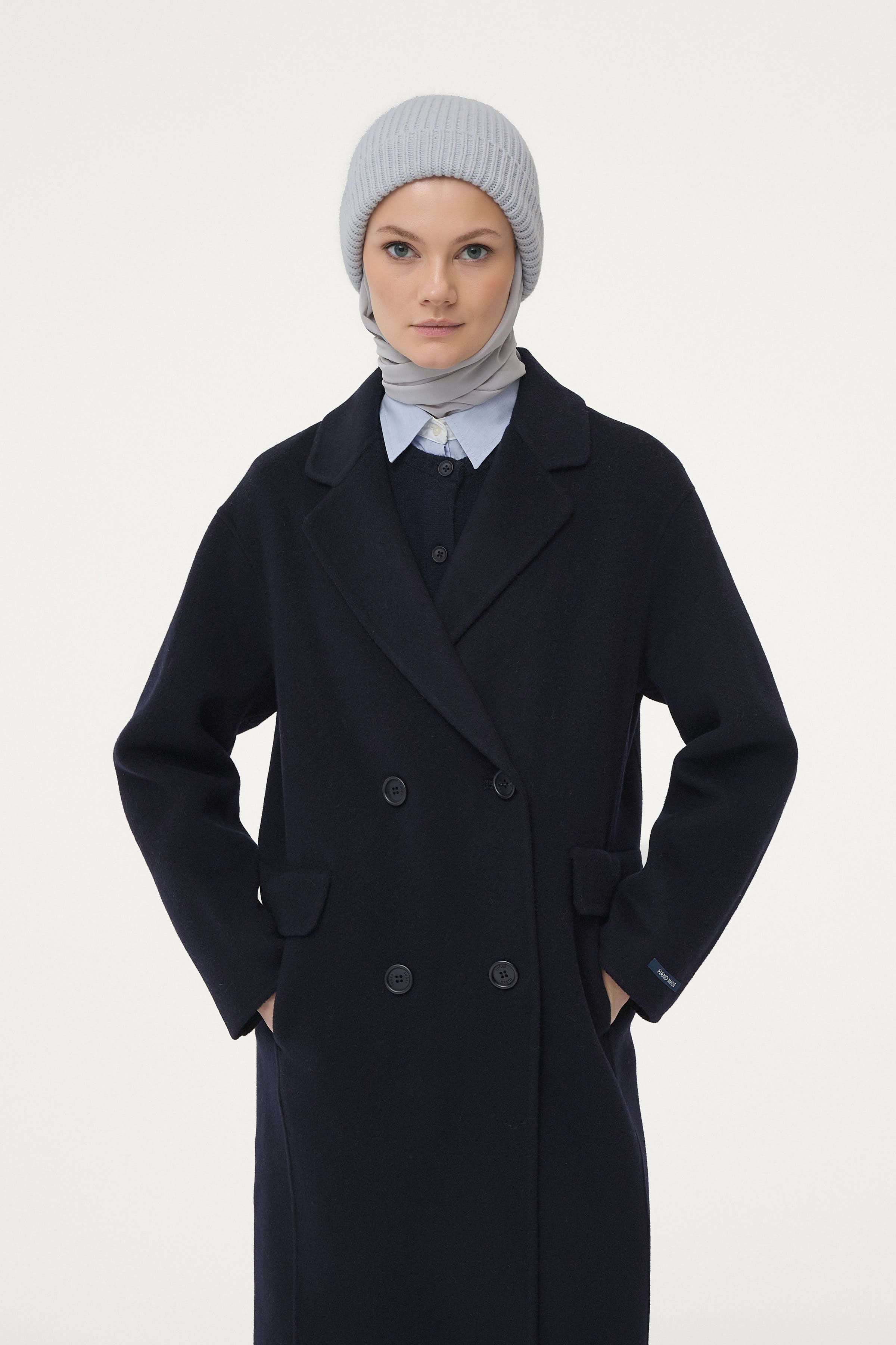 El Yapımı %100 Yün Kruvaze Kaban - Lacivert TUGBA