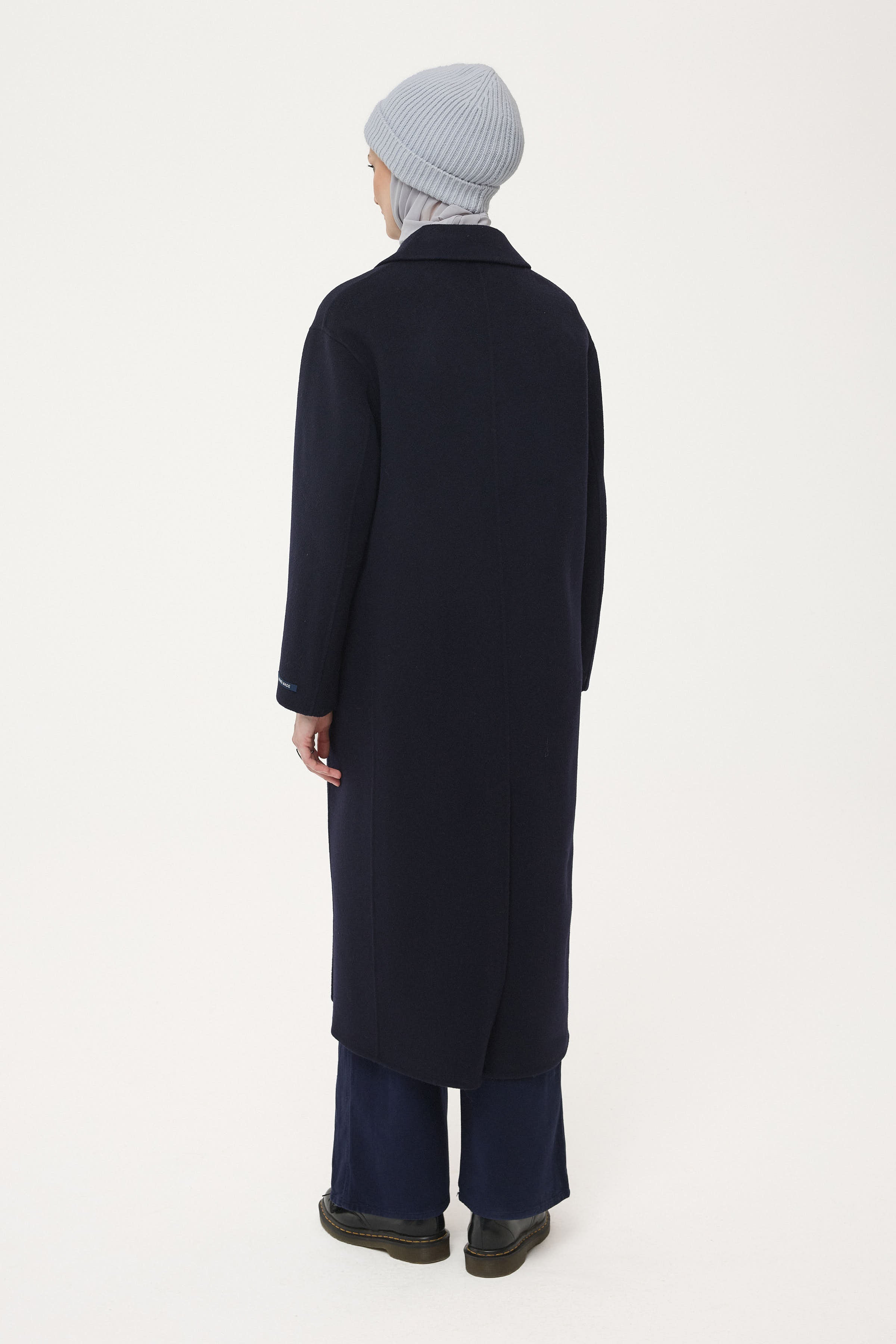 El Yapımı %100 Yün Kruvaze Kaban - Lacivert TUGBA