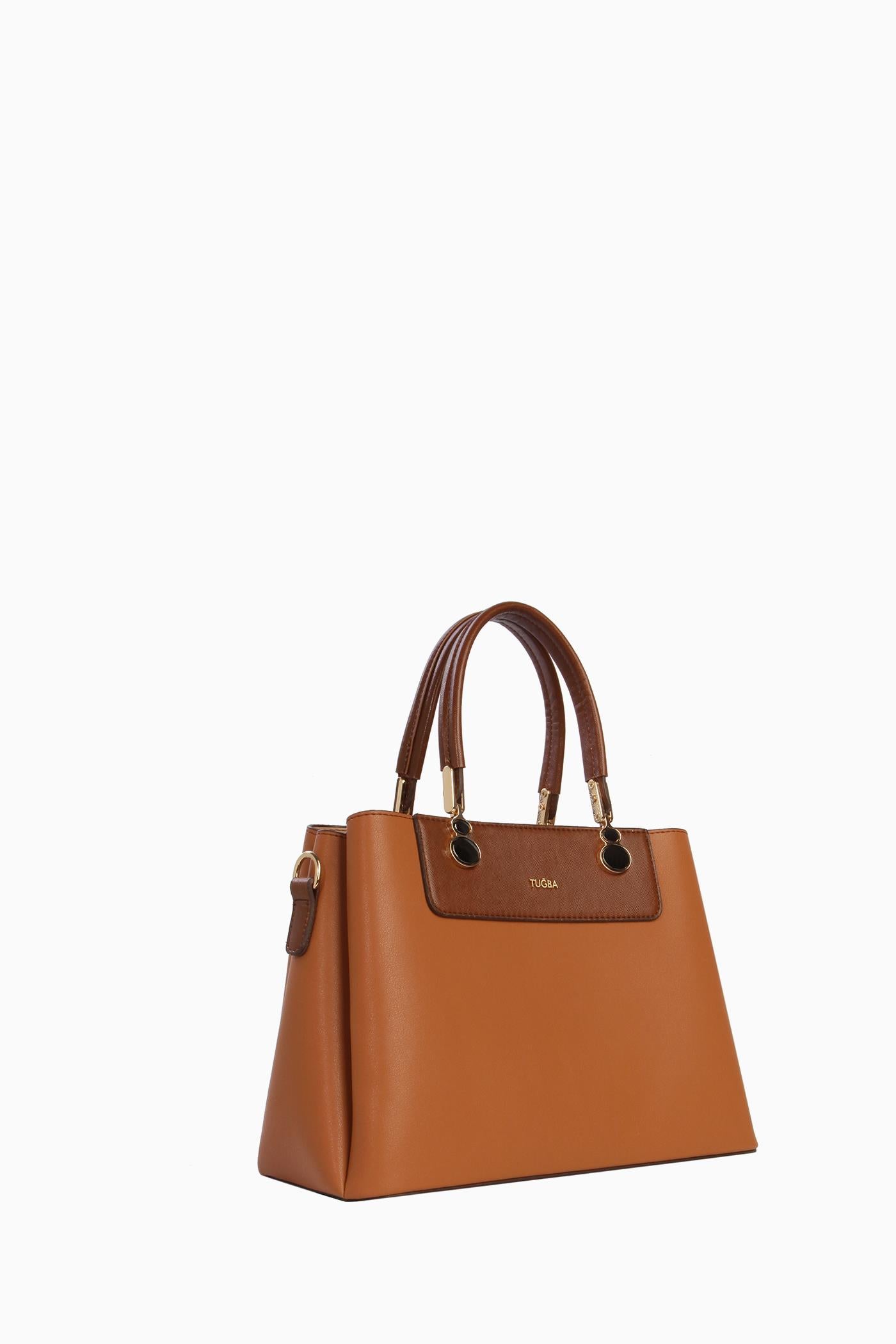 Aksesuar Detaylı Çift Kulplu Çanta - Taba TUGBA