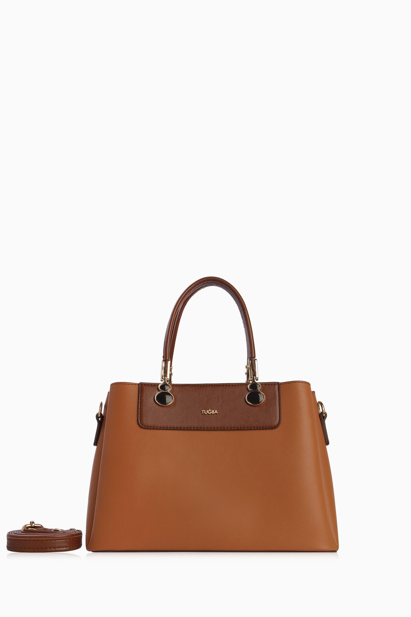 Aksesuar Detaylı Çift Kulplu Çanta - Taba TUGBA