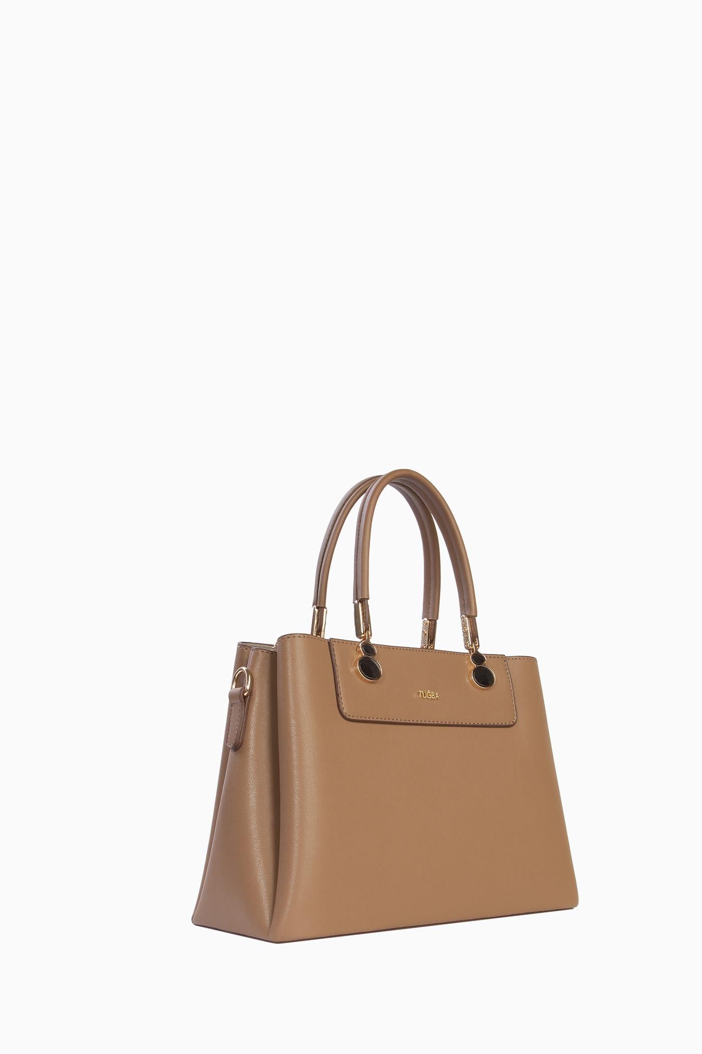 Aksesuar Detaylı Çift Kulplu Çanta - Vizon TUGBA
