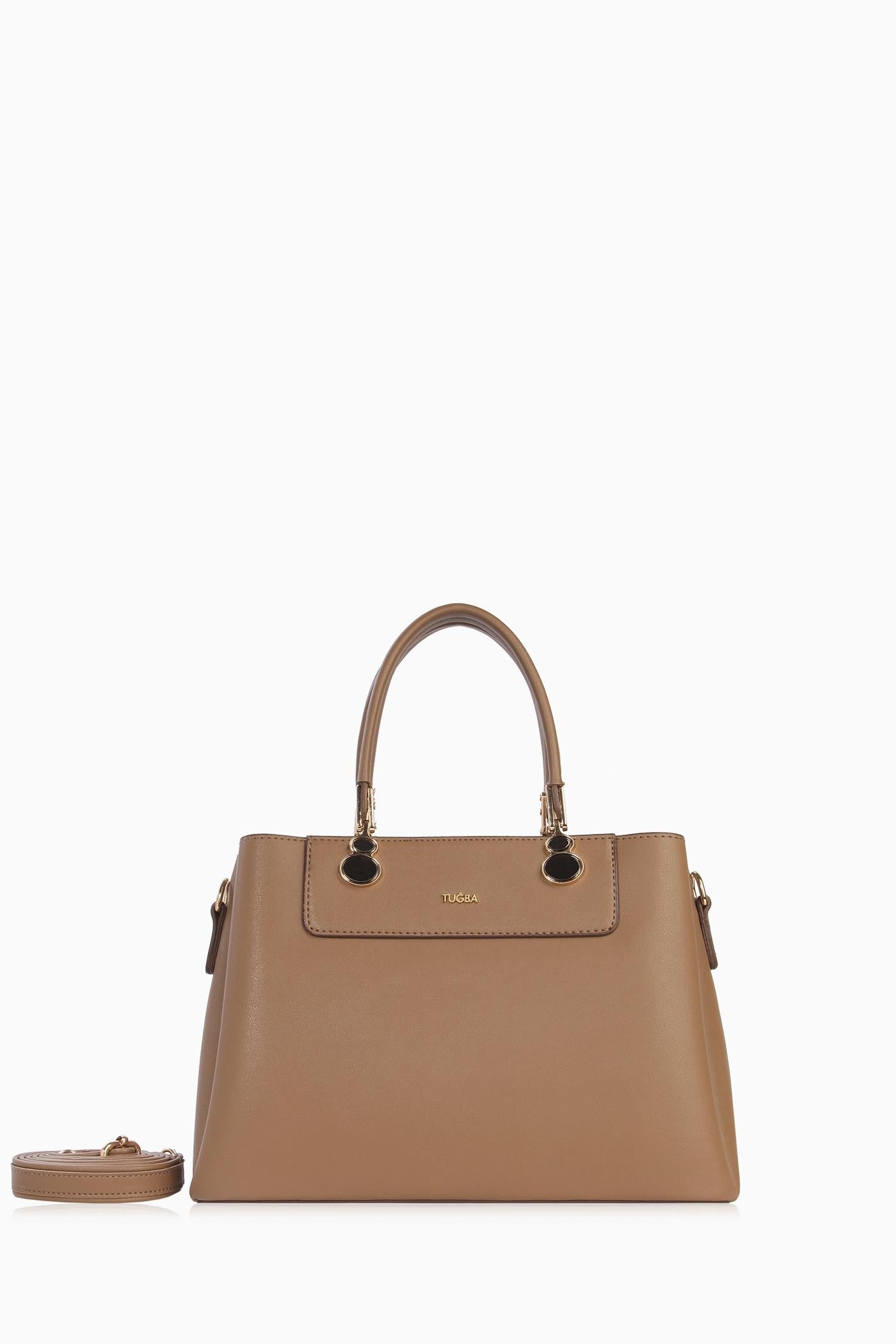 Aksesuar Detaylı Çift Kulplu Çanta - Vizon TUGBA