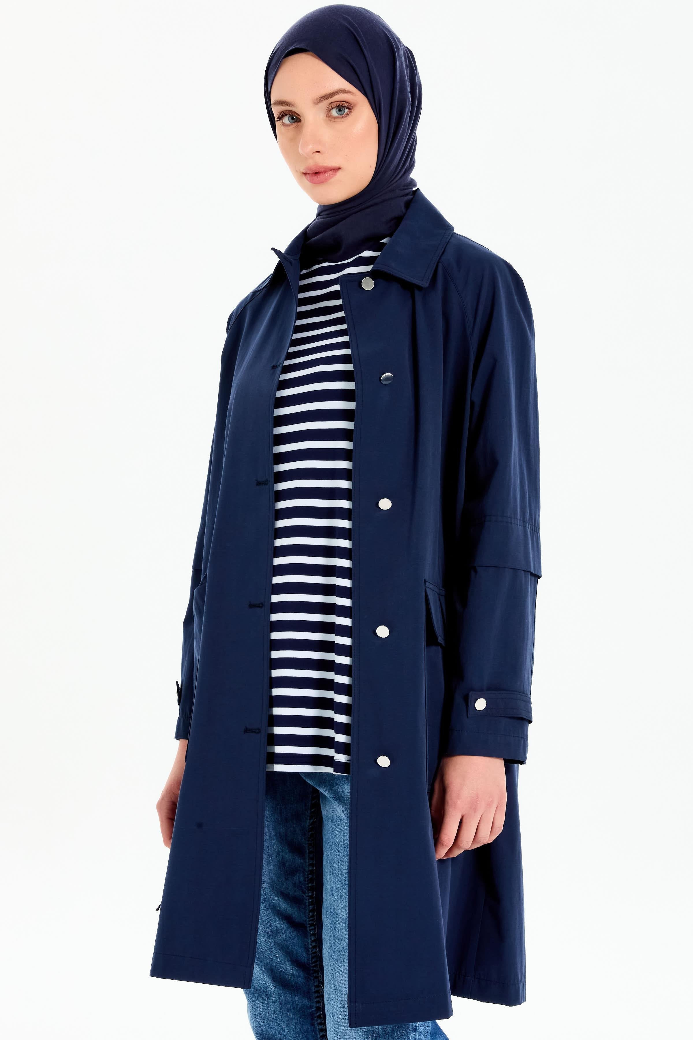 Aller Detaylı Cepli Kap - Lacivert TUGBA