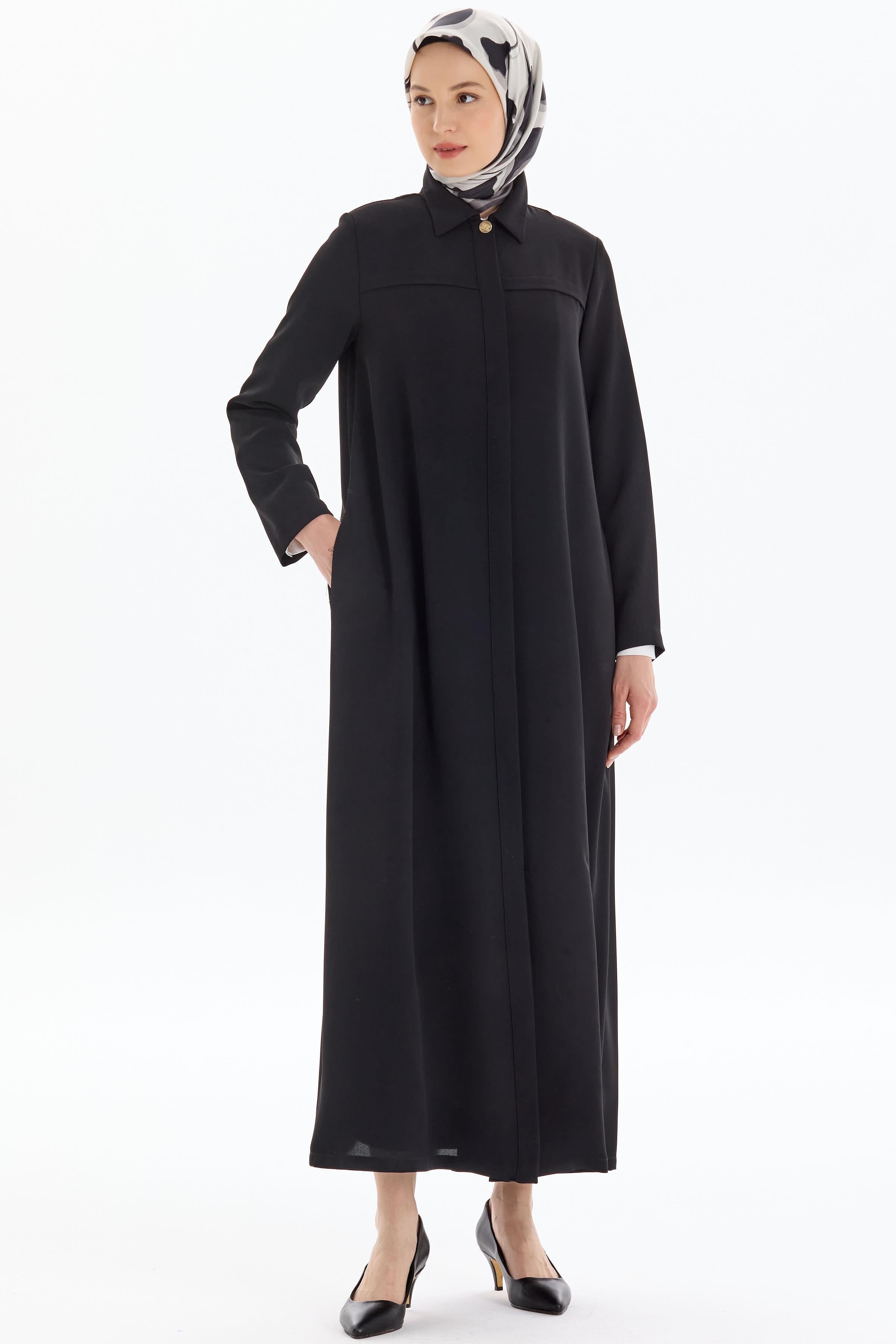 Aller Detaylı Gizli Patlı Pardesü - Siyah TUGBA