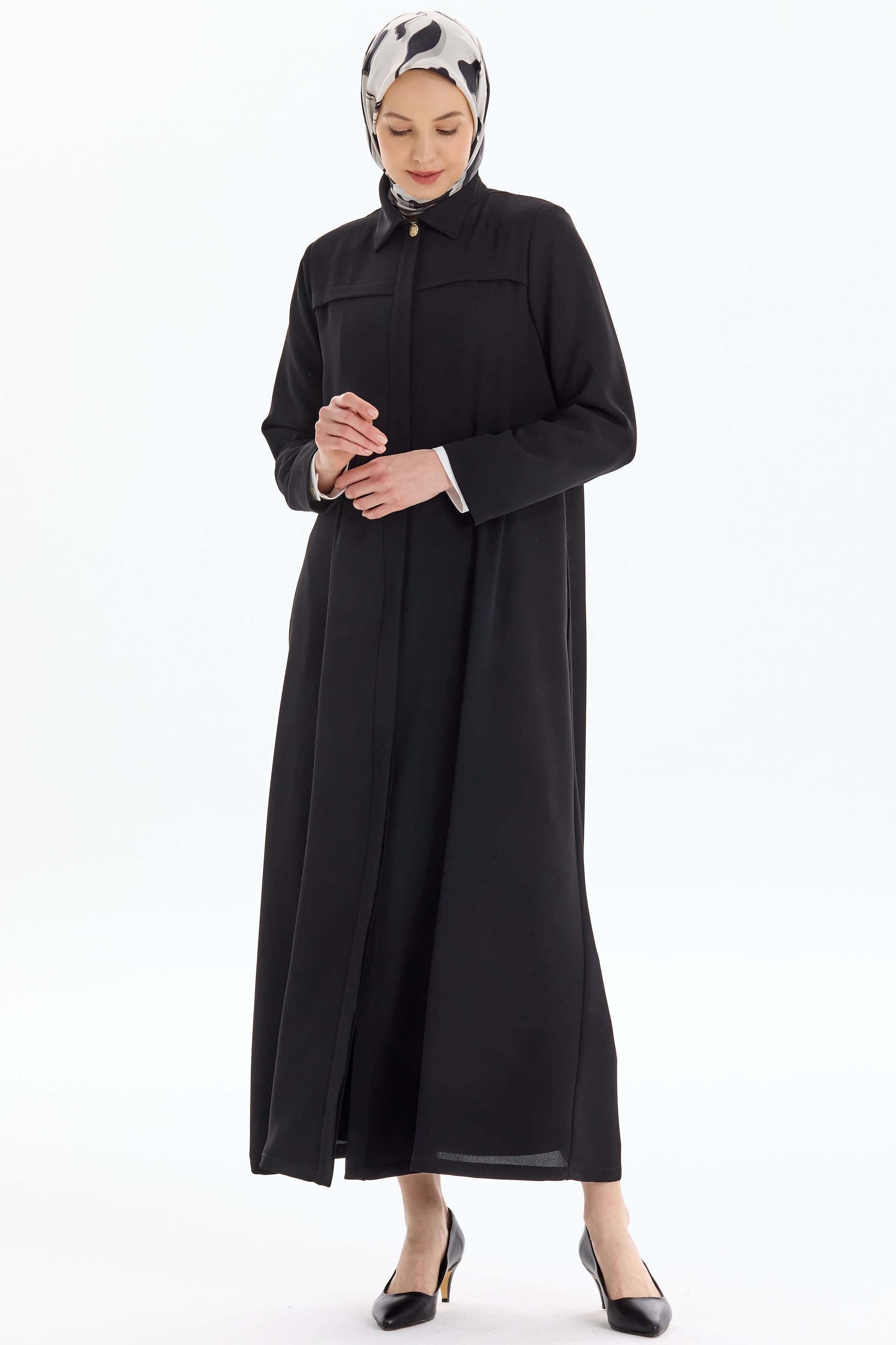 Aller Detaylı Gizli Patlı Pardesü - Siyah TUGBA