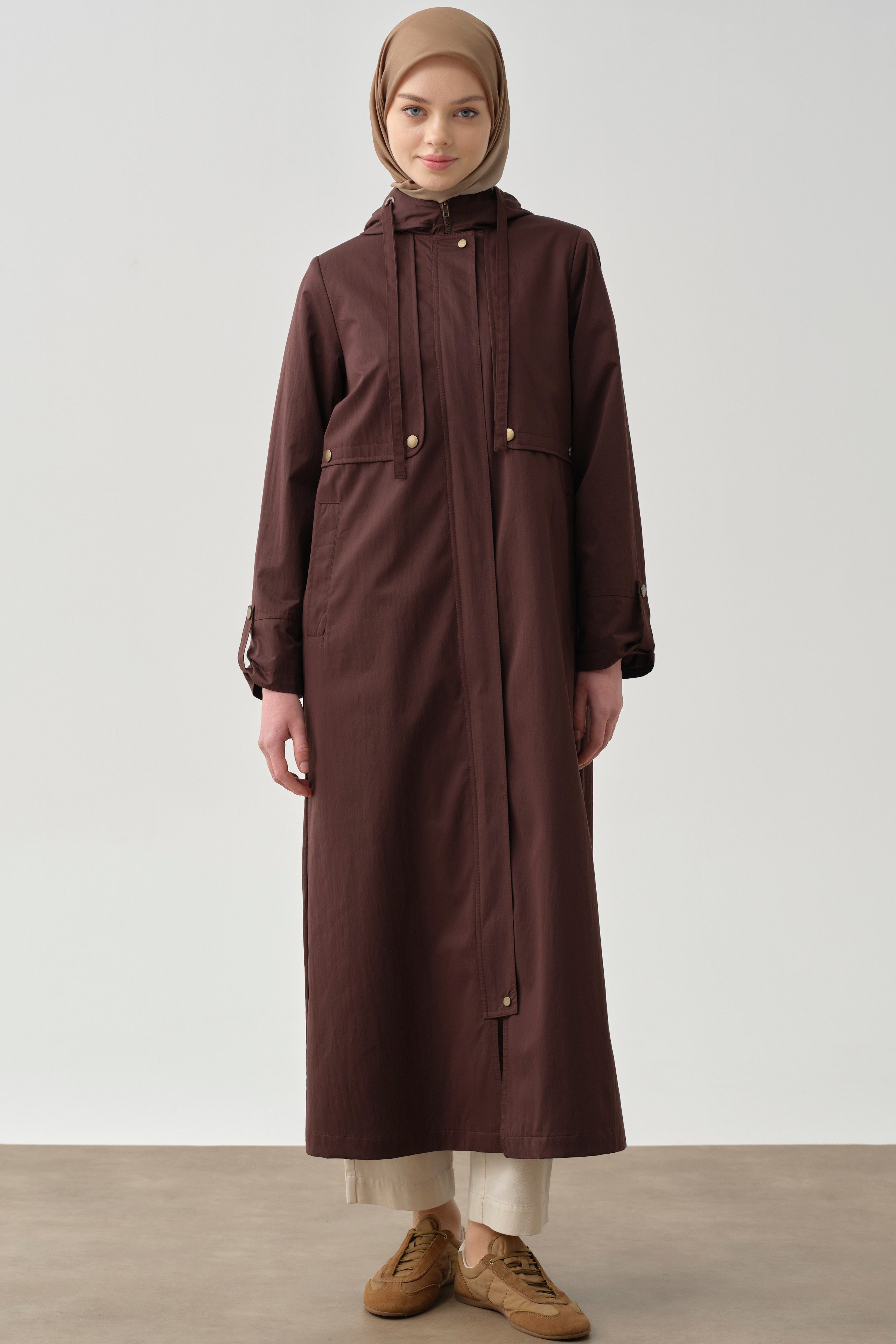 Aller Detaylı Kapüşonlu Pardesü - Kahve TUGBA