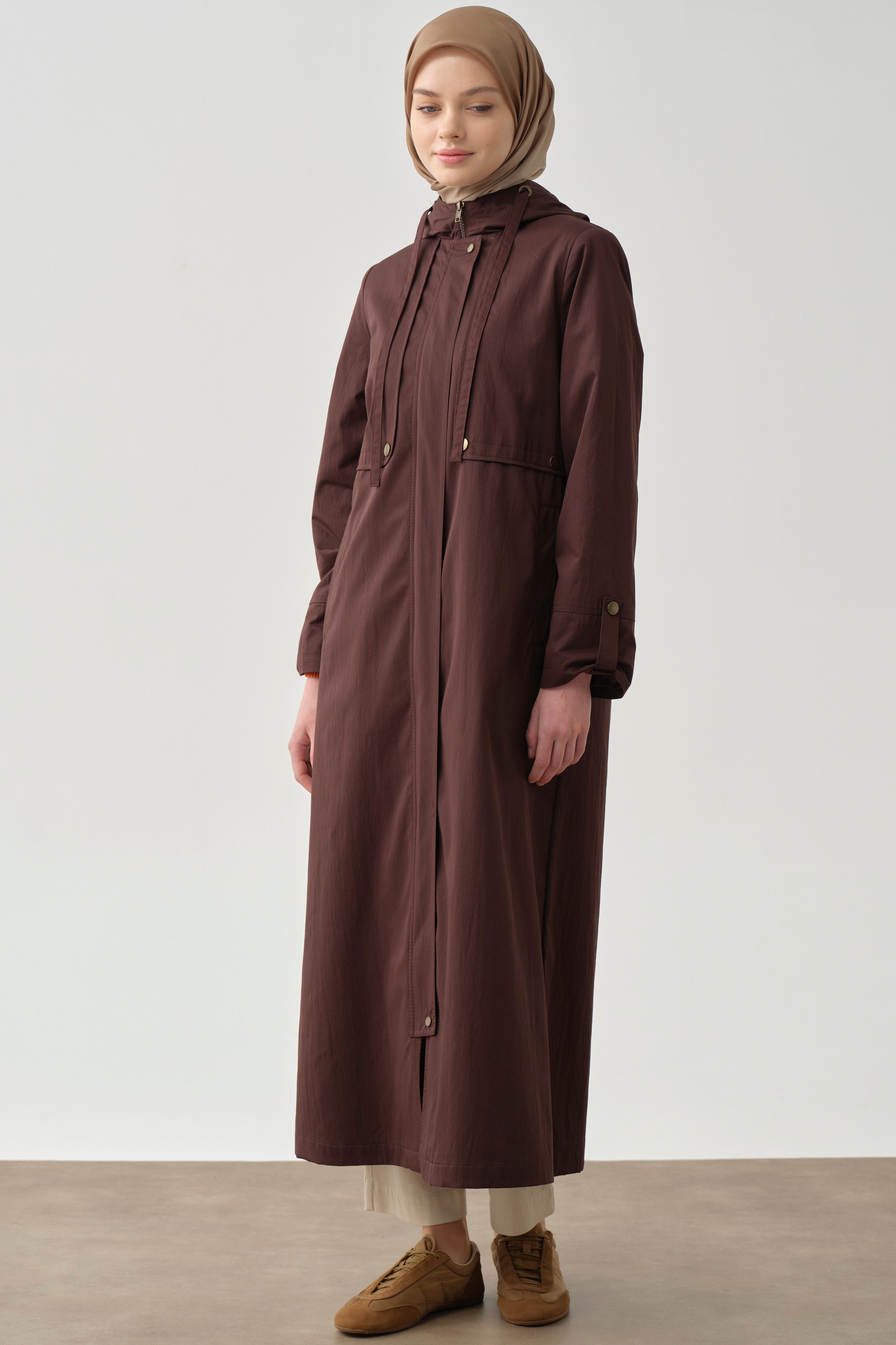 Aller Detaylı Kapüşonlu Pardesü - Kahve TUGBA