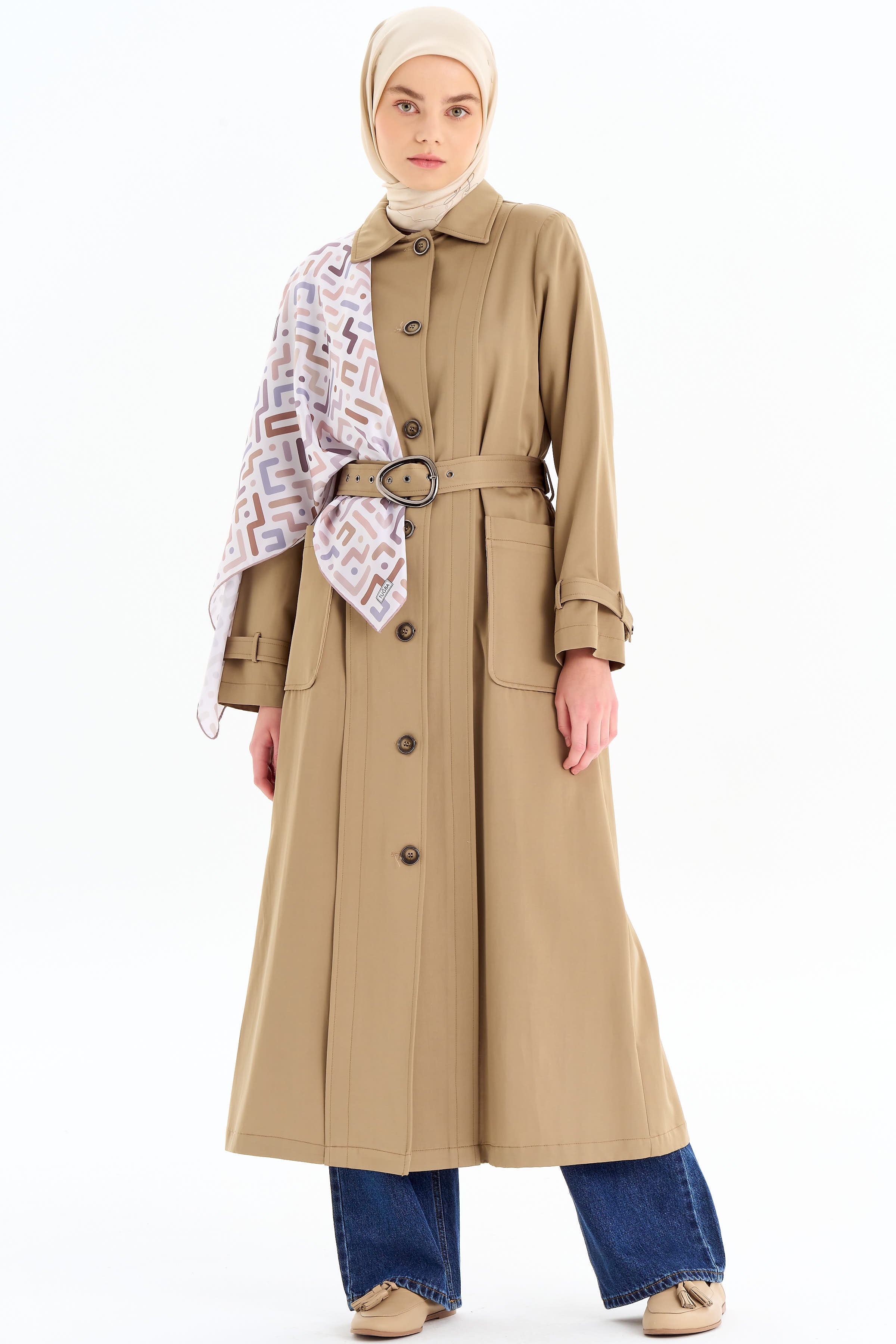 Aller Detaylı Kemerli Pardesü - Vizon TUGBA