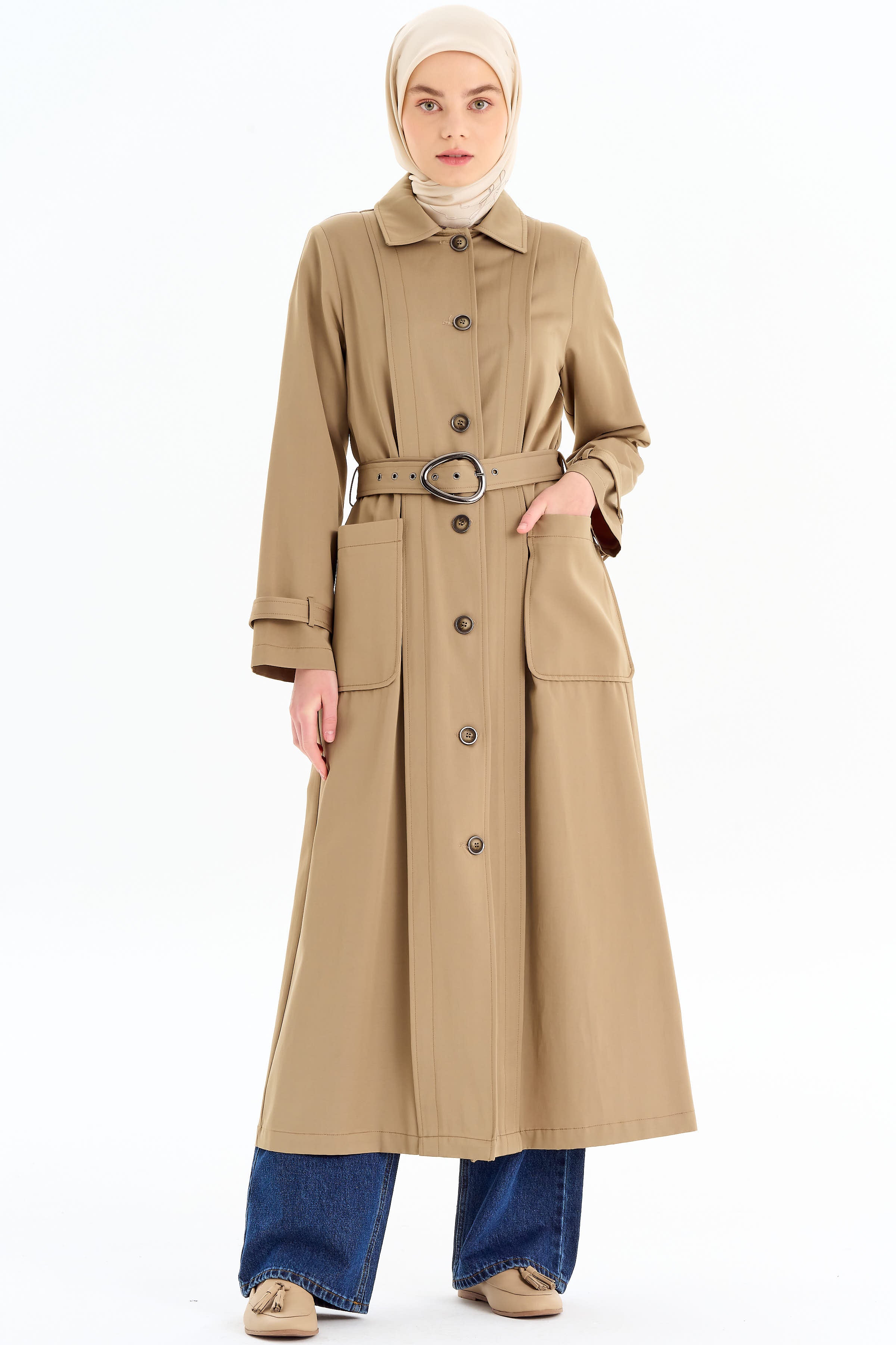 Aller Detaylı Kemerli Pardesü - Vizon TUGBA