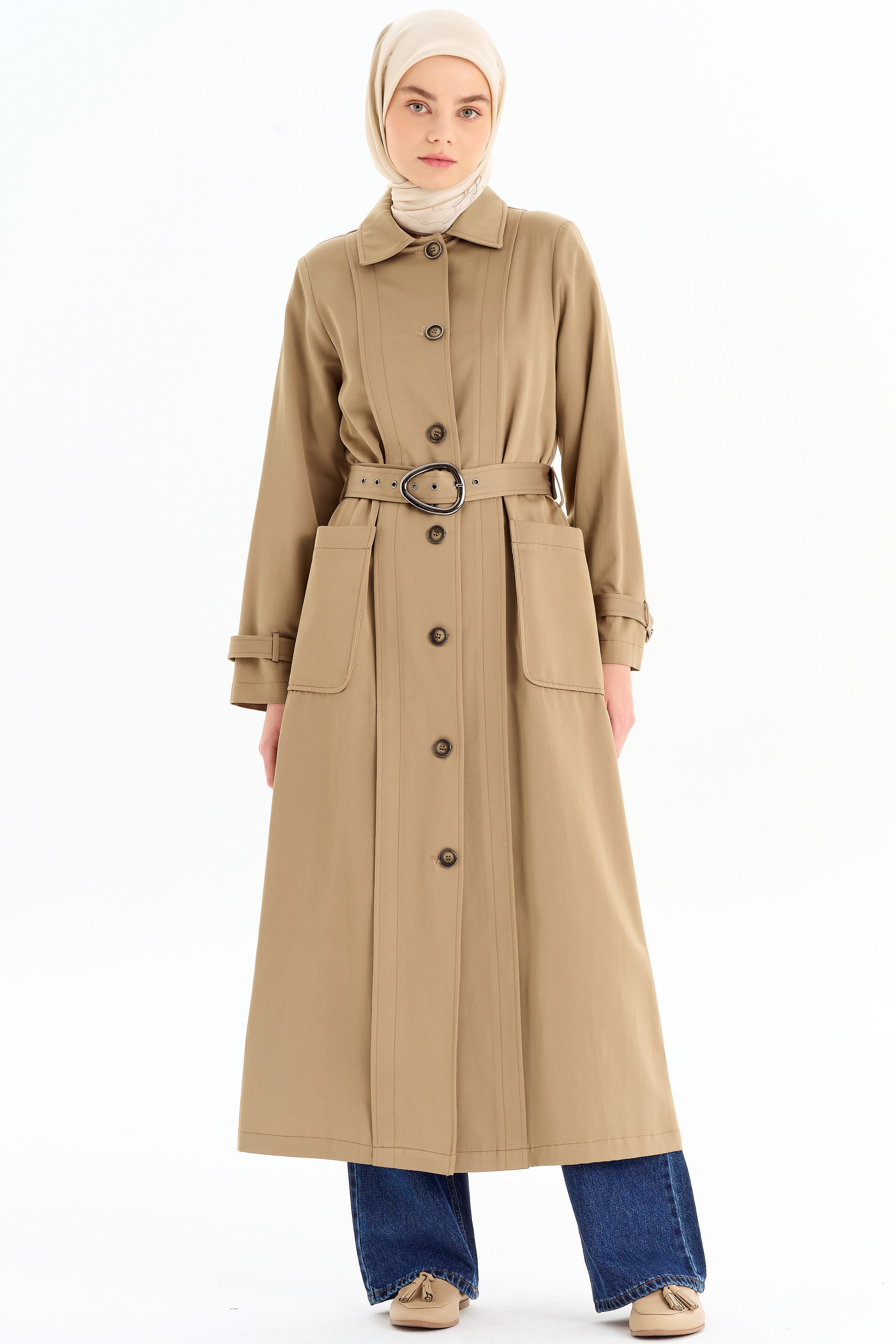 Aller Detaylı Kemerli Pardesü - Vizon TUGBA