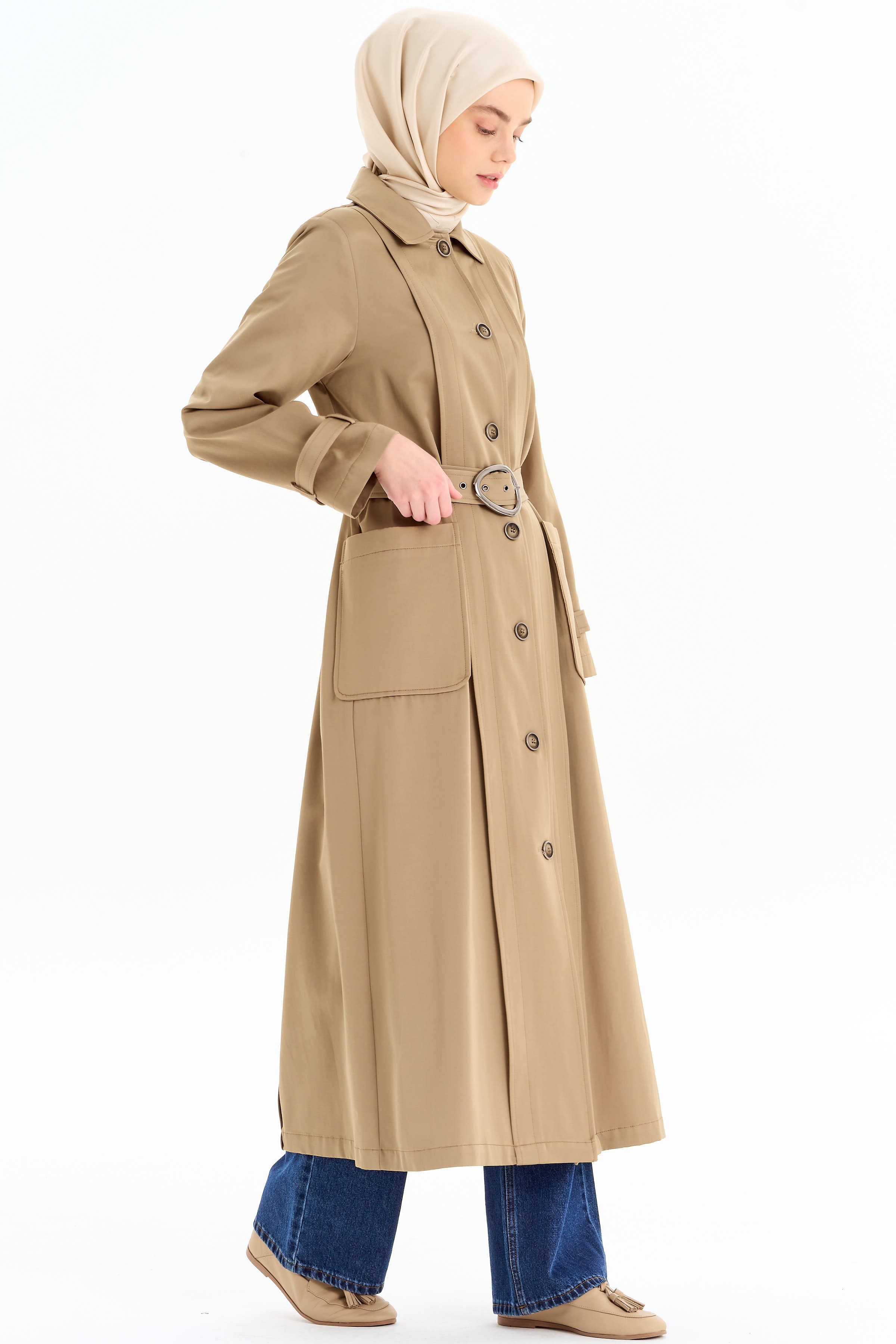 Aller Detaylı Kemerli Pardesü - Vizon TUGBA