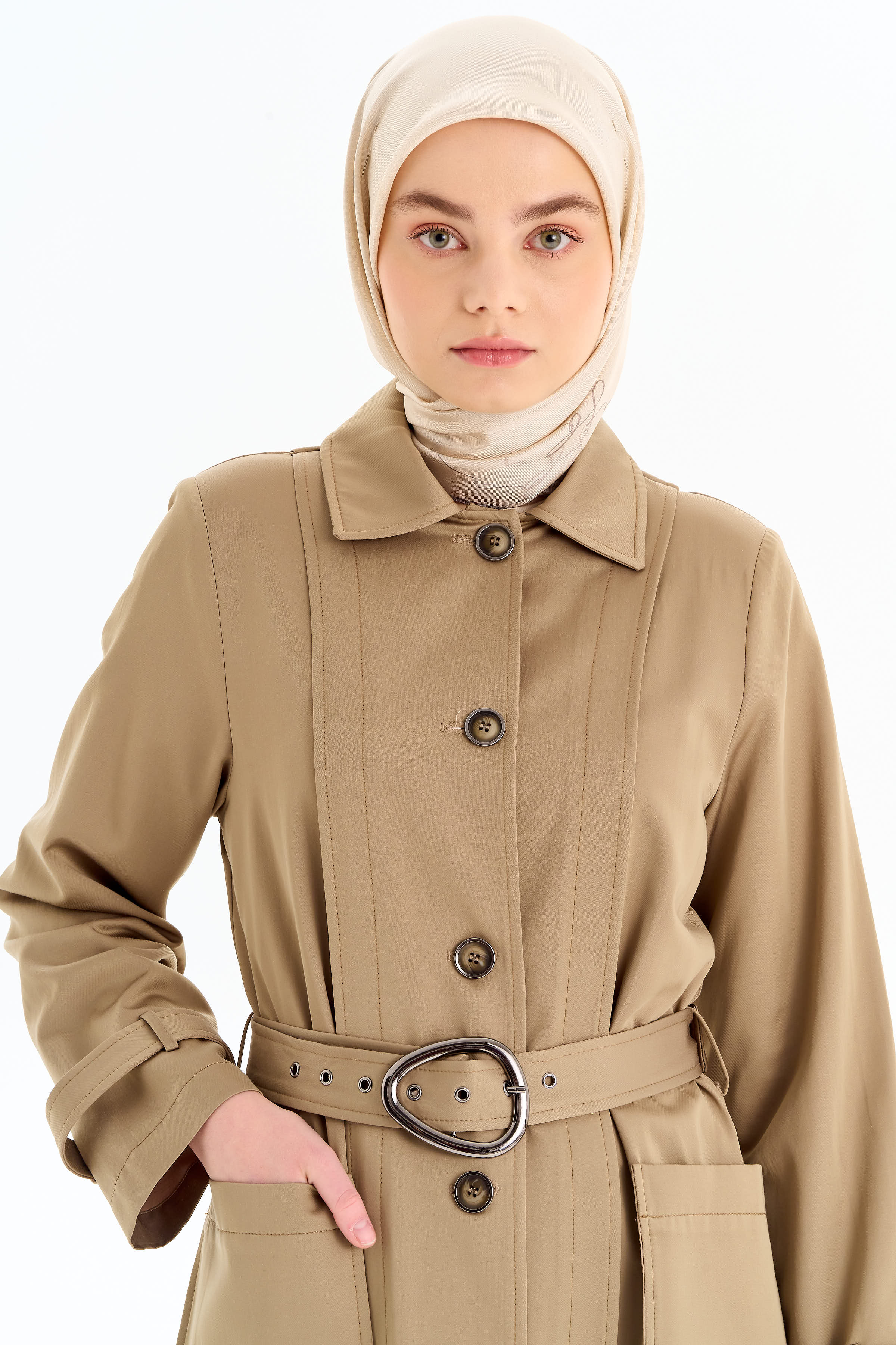 Aller Detaylı Kemerli Pardesü - Vizon TUGBA