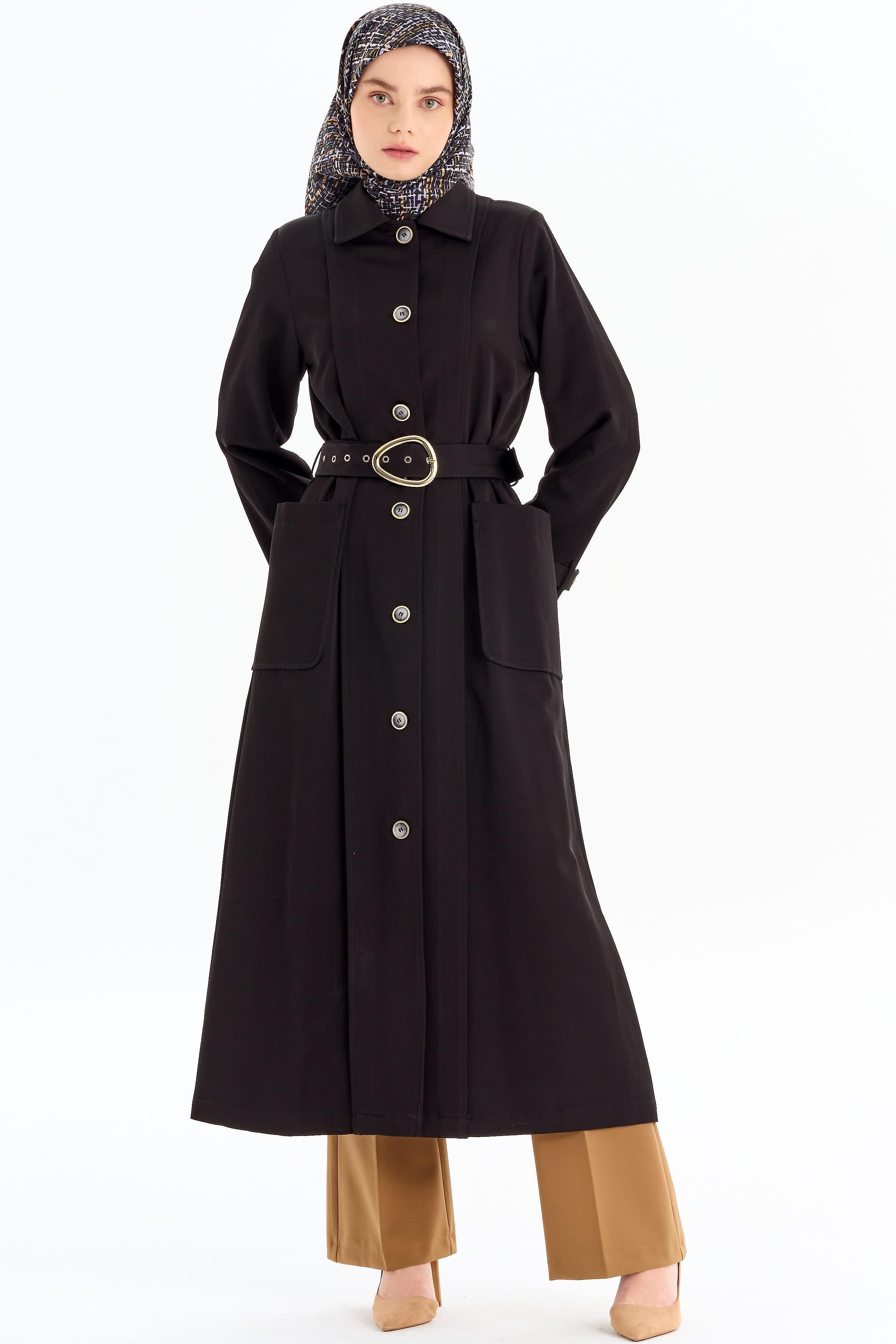 Aller Detaylı Kemerli Pardesü - Siyah TUGBA
