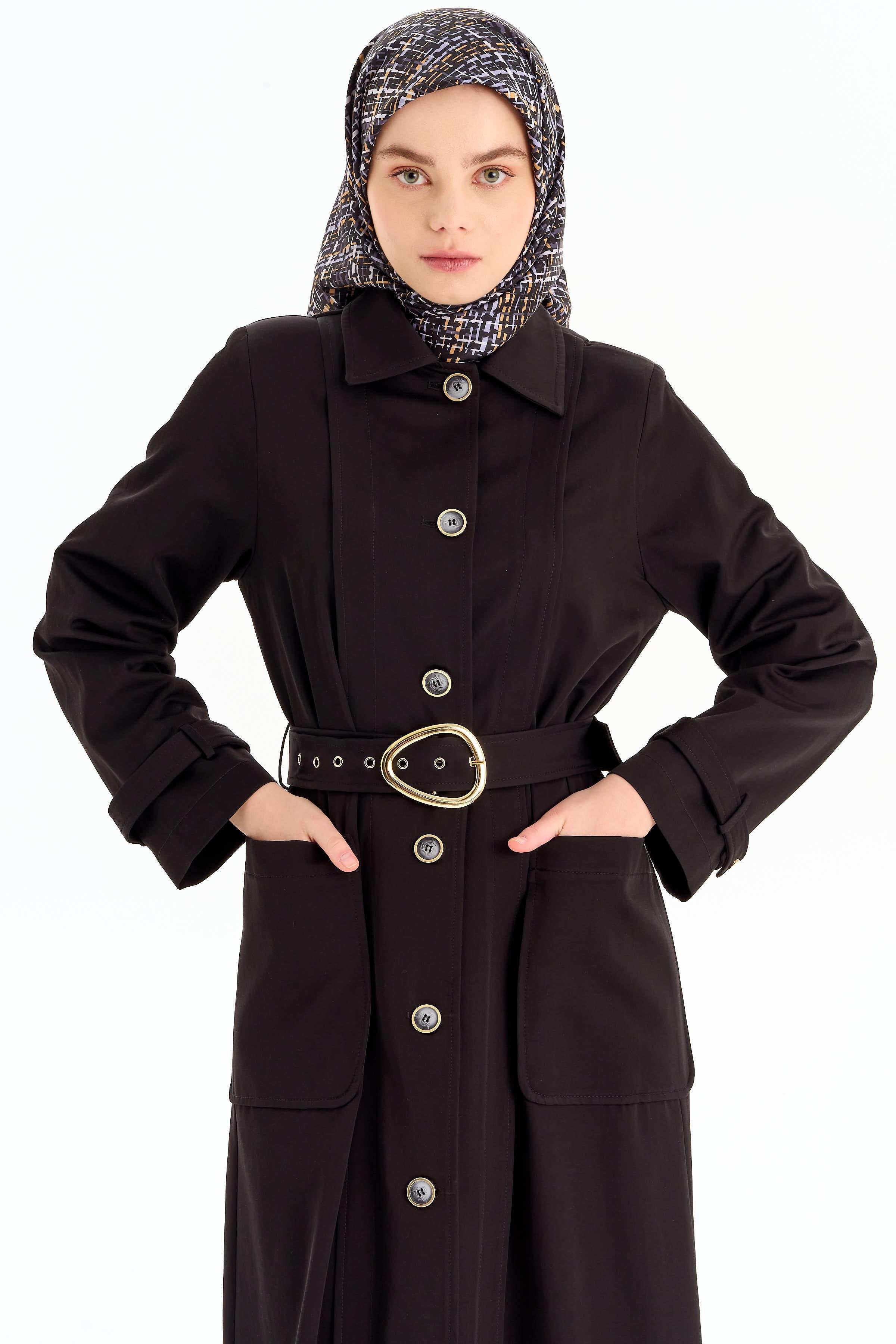 Aller Detaylı Kemerli Pardesü - Siyah TUGBA