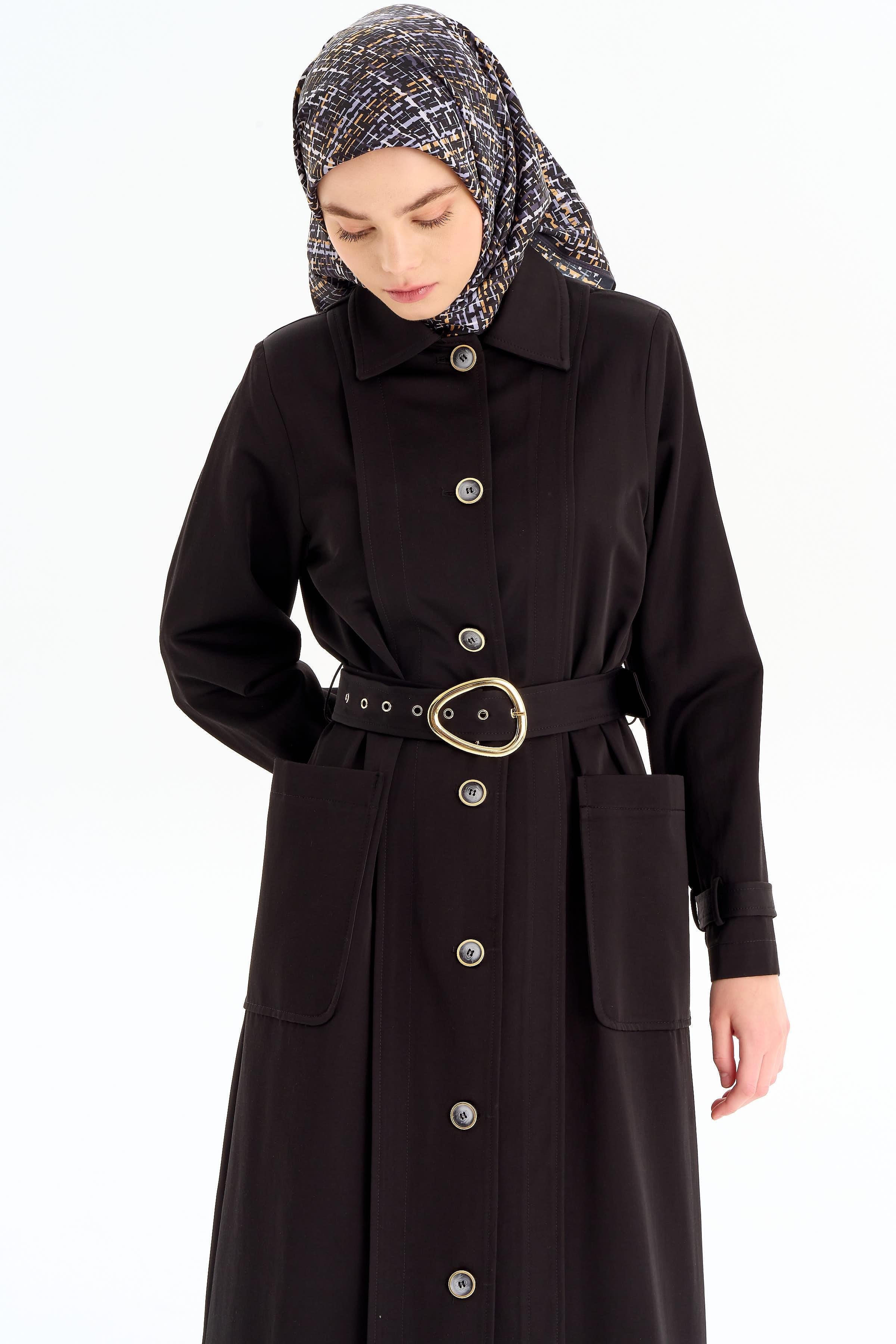 Aller Detaylı Kemerli Pardesü - Siyah TUGBA
