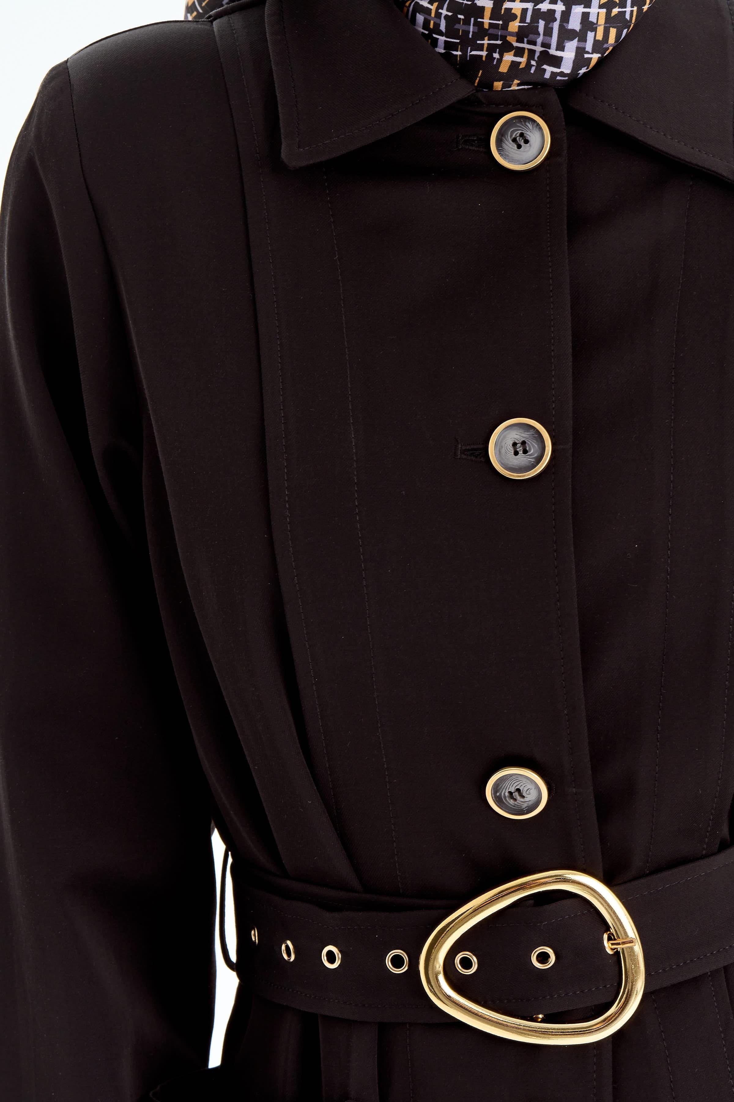 Aller Detaylı Kemerli Pardesü - Siyah TUGBA