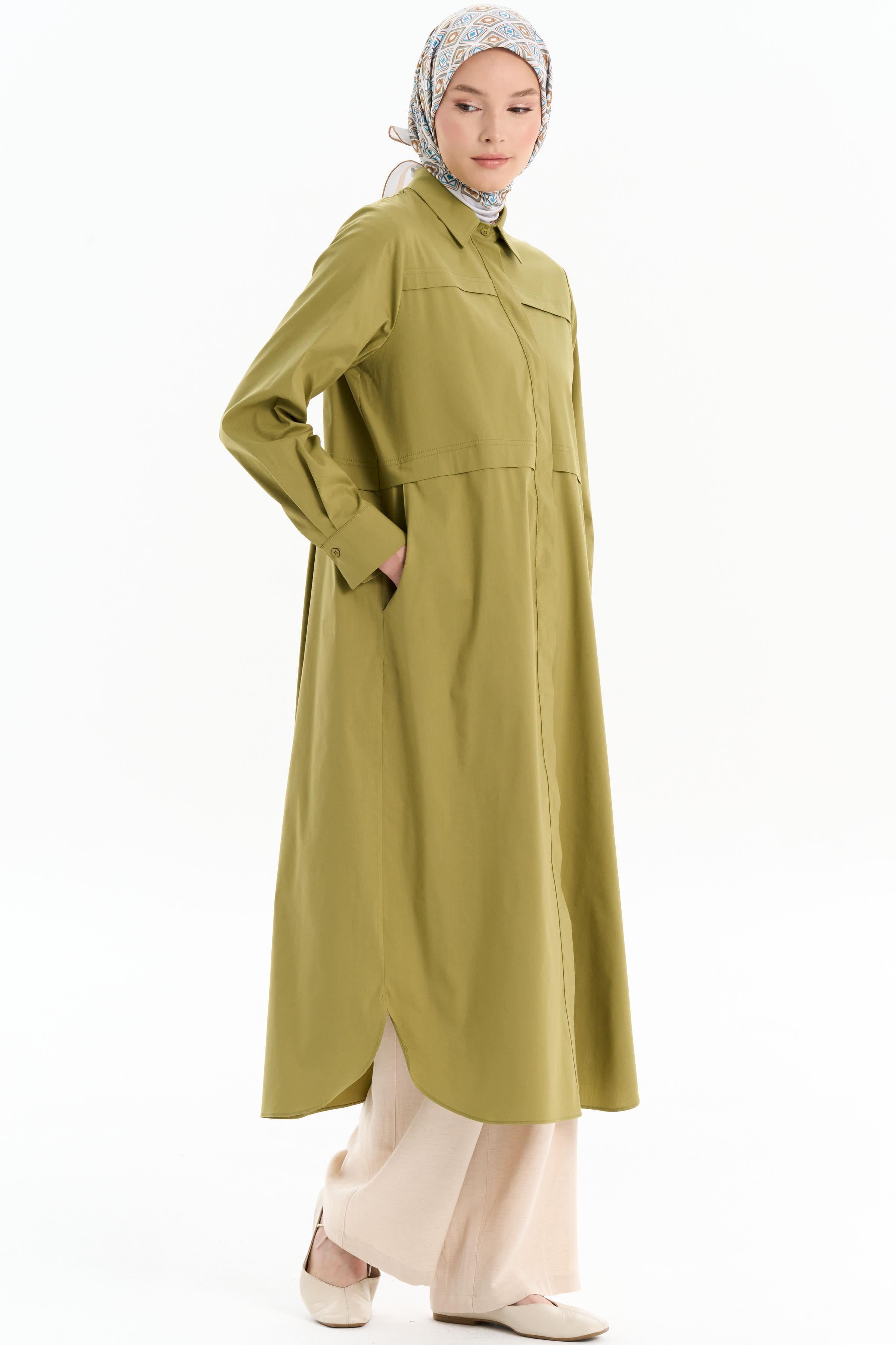 Aller Detaylı Uzun Tunik - Haki TUGBA